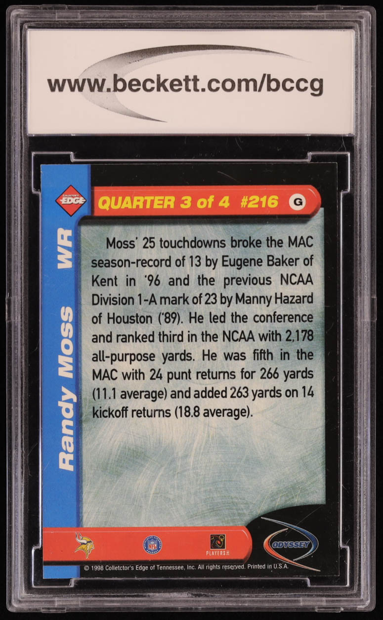 Randy Moss 1998 Collector's Edge Odyssey #216 3Q RC (BCCG 10) at PristineAuction.com Randy Moss 1998 Collector's Edge Odyssey #216 3Q RC (BCCG 10) at PristineAuction.com
