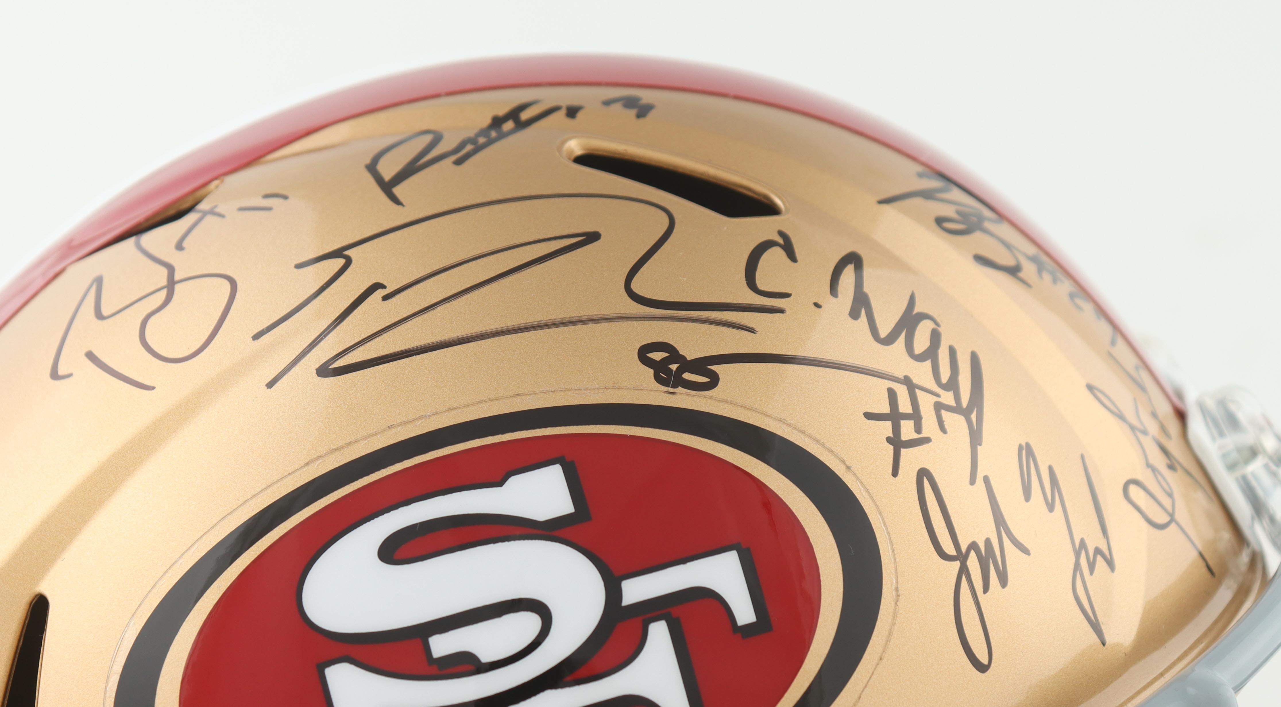 2023-24 NFC Champions 49ers Full-Size Speed Helmet Team-Signed By (27) With Nick Bosa, George Kittle, Christian McCaffrey, Charvarius Ward (JSA) at PristineAuction.com 2023-24 NFC Champions 49ers Full-Size Speed Helmet Team-Signed By (27) With Nick Bosa, George Kittle, Christian McCaffrey, Charvarius Ward (JSA) at PristineAuction.com