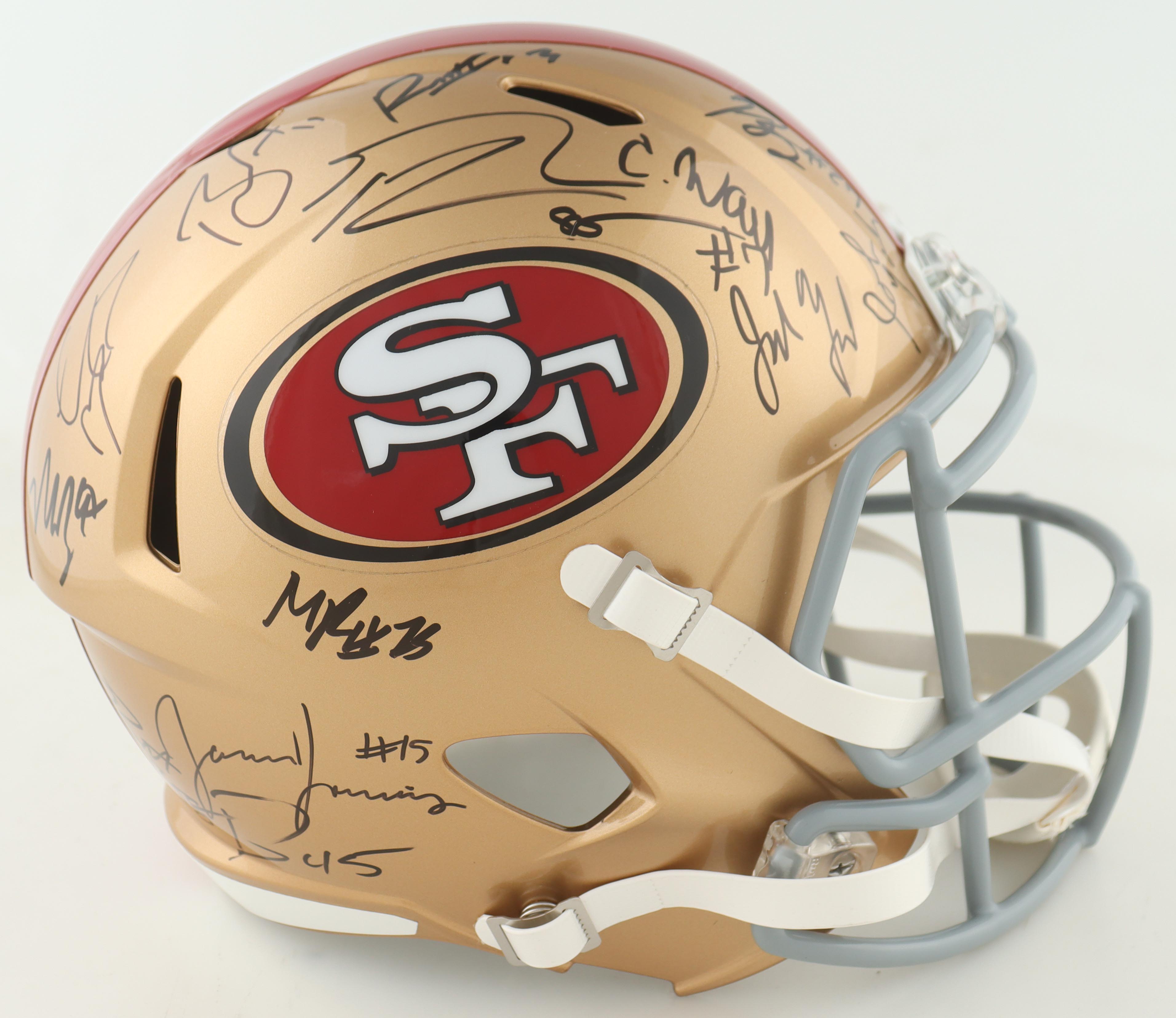 2023-24 NFC Champions 49ers Full-Size Speed Helmet Team-Signed By (27) With Nick Bosa, George Kittle, Christian McCaffrey, Charvarius Ward (JSA) at PristineAuction.com 2023-24 NFC Champions 49ers Full-Size Speed Helmet Team-Signed By (27) With Nick Bosa, George Kittle, Christian McCaffrey, Charvarius Ward (JSA) at PristineAuction.com