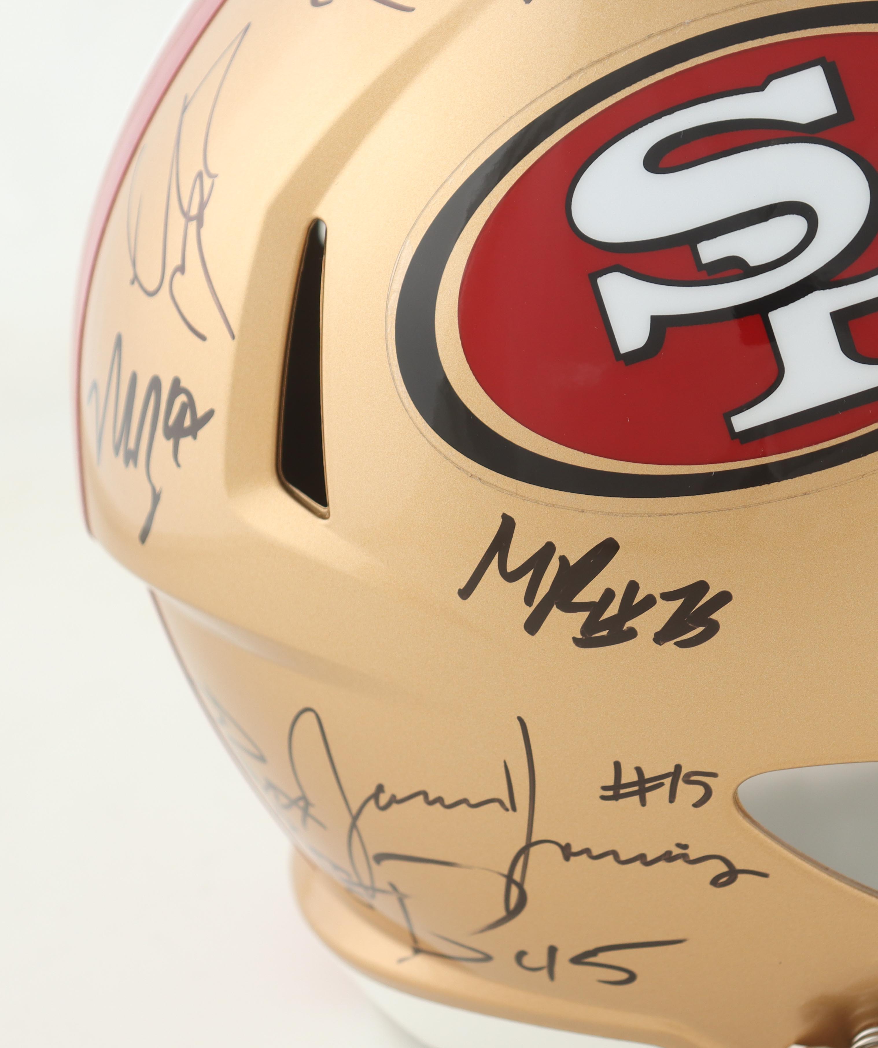 2023-24 NFC Champions 49ers Full-Size Speed Helmet Team-Signed By (27) With Nick Bosa, George Kittle, Christian McCaffrey, Charvarius Ward (JSA) at PristineAuction.com 2023-24 NFC Champions 49ers Full-Size Speed Helmet Team-Signed By (27) With Nick Bosa, George Kittle, Christian McCaffrey, Charvarius Ward (JSA) at PristineAuction.com