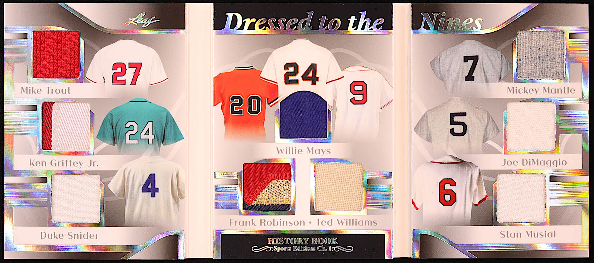 Mike Trout / Ken Griffey Jr. / Duke Snider / Willie Mays / Frank Robinson / Ted Williams / Joe DiMaggio / Stan Musial 2024 Leaf History Book Sports Edition Chapter One Dressed to the Nines Gold #DN8 #1/1 at PristineAuction.com Mike Trout / Ken Griffey Jr. / Duke Snider / Willie Mays / Frank Robinson / Ted Williams / Joe DiMaggio / Stan Musial 2024 Leaf History Book Sports Edition Chapter One Dressed to the Nines Gold #DN8 #1/1 at PristineAuction.com
