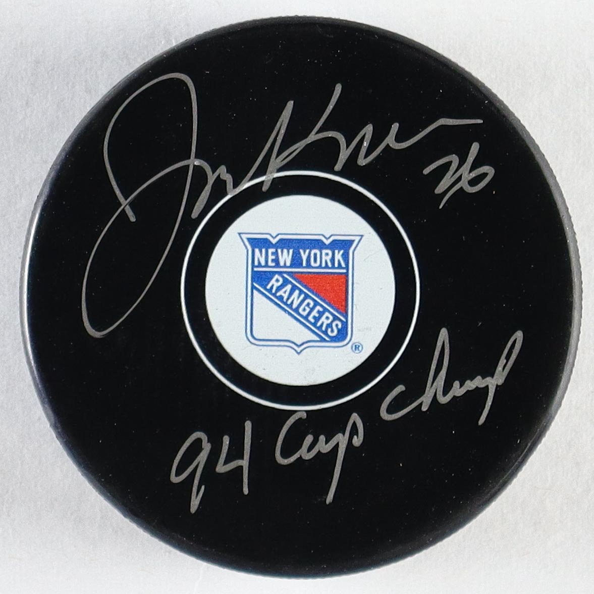Joe Kocur Signed Rangers Logo Hockey Puck Inscribed "94 Cup Champ" (JSA) at PristineAuction.com Joe Kocur Signed Rangers Logo Hockey Puck Inscribed "94 Cup Champ" (JSA) at PristineAuction.com