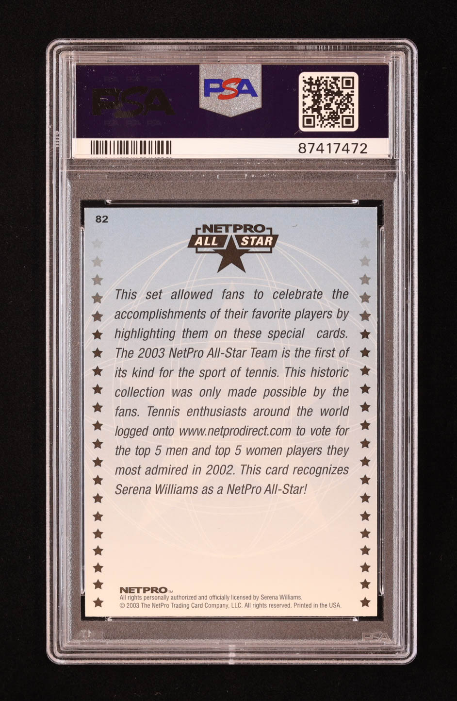 Serena Williams 2003 NetPro International Series #82 AS (PSA 9) at PristineAuction.com Serena Williams 2003 NetPro International Series #82 AS (PSA 9) at PristineAuction.com