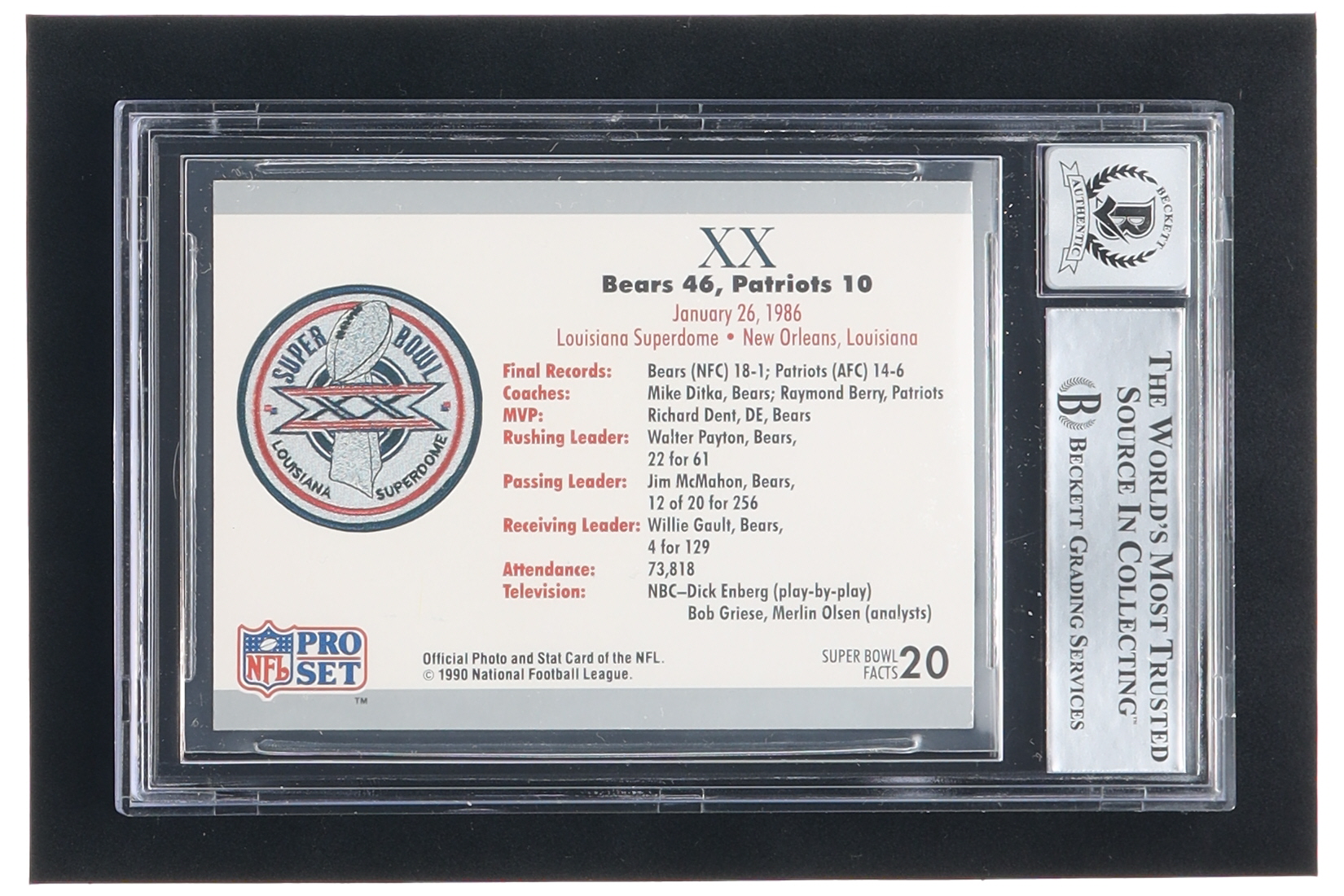 Mike Singletary, Otis Wilson, Gary Fencik & Dan Hampton Signed SB XX Ticket 1990-91 Pro Set Super Bowl 160 #20 with HOF Inscriptions (BGS | Autograph Grade 10) at PristineAuction.com Mike Singletary, Otis Wilson, Gary Fencik & Dan Hampton Signed SB XX Ticket 1990-91 Pro Set Super Bowl 160 #20 with HOF Inscriptions (BGS | Autograph Grade 10) at PristineAuction.com