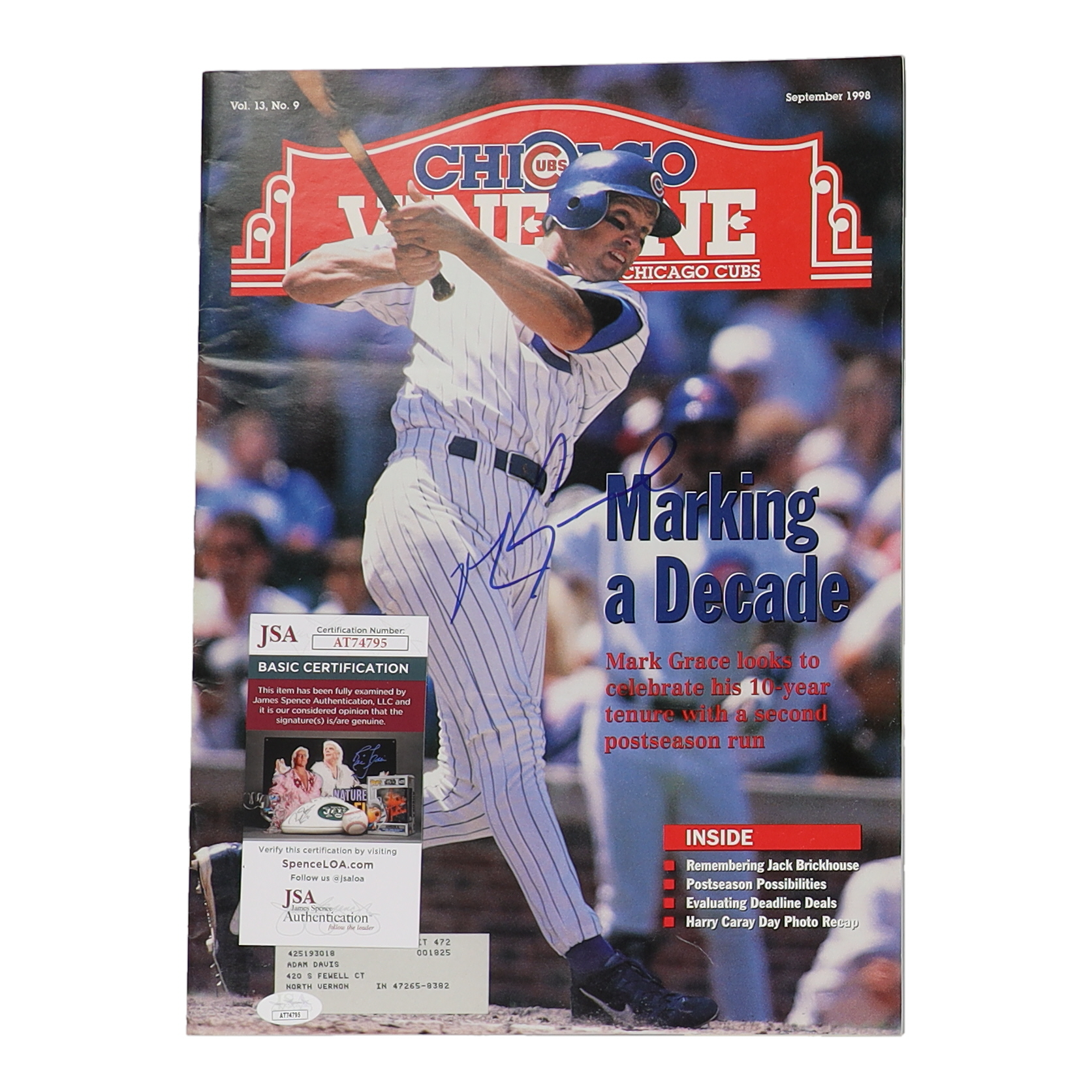 Mark Grace Signed 1998 "Chicago Cubs Vine Line" Magazine (JSA) at PristineAuction.com Mark Grace Signed 1998 "Chicago Cubs Vine Line" Magazine (JSA) at PristineAuction.com
