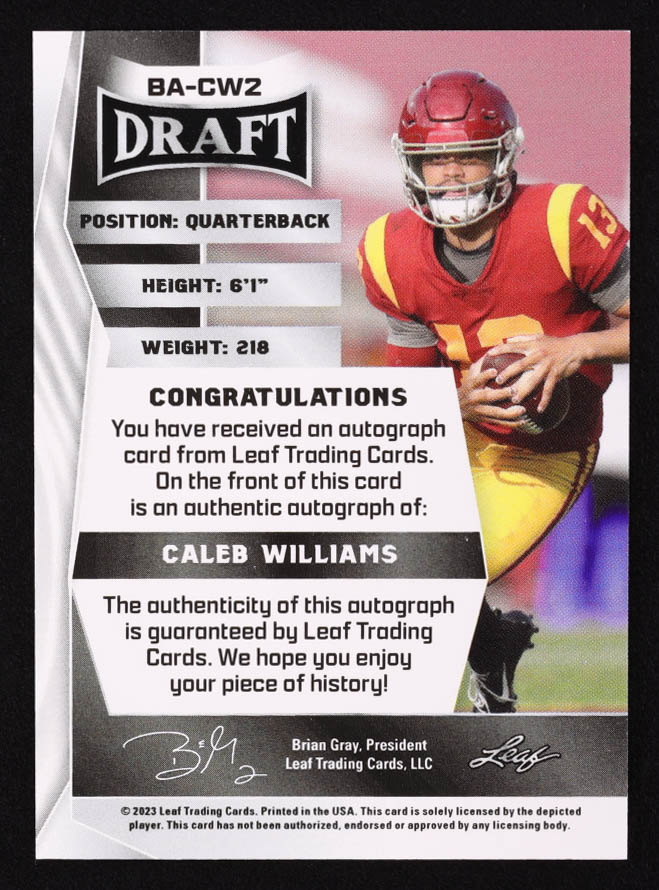 Caleb Williams 2023 Leaf Draft Autographs Green #BACW2 RC at PristineAuction.com Caleb Williams 2023 Leaf Draft Autographs Green #BACW2 RC at PristineAuction.com