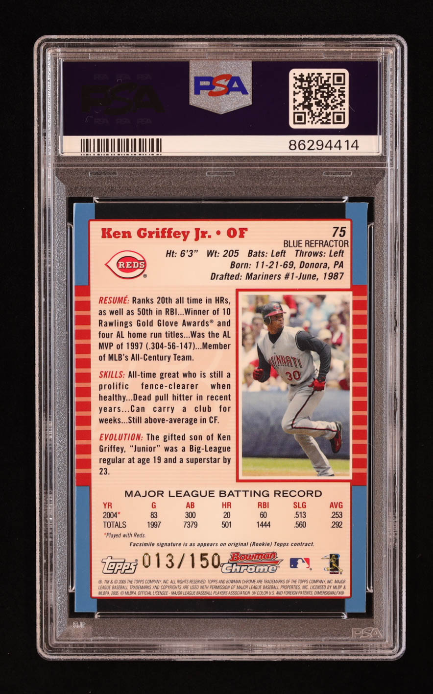 Ken Griffey Jr. 2005 Bowman Chrome Blue Refractors #75 #013/150 (PSA 9) at PristineAuction.com Ken Griffey Jr. 2005 Bowman Chrome Blue Refractors #75 #013/150 (PSA 9) at PristineAuction.com