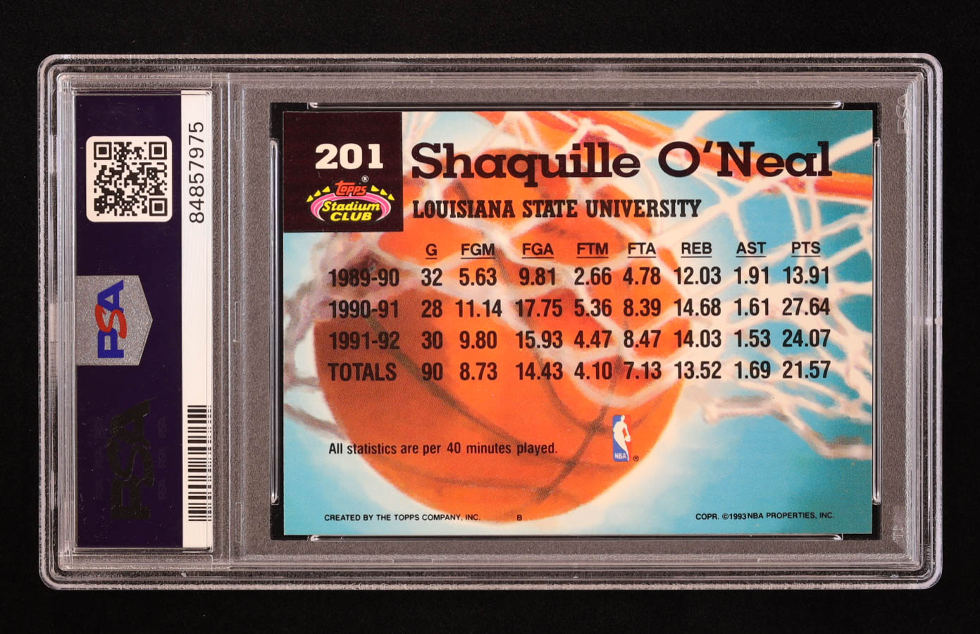 Shaquille O'Neal 1992-93 Stadium Club #201 MC RC (PSA 9) at PristineAuction.com Shaquille O'Neal 1992-93 Stadium Club #201 MC RC (PSA 9) at PristineAuction.com