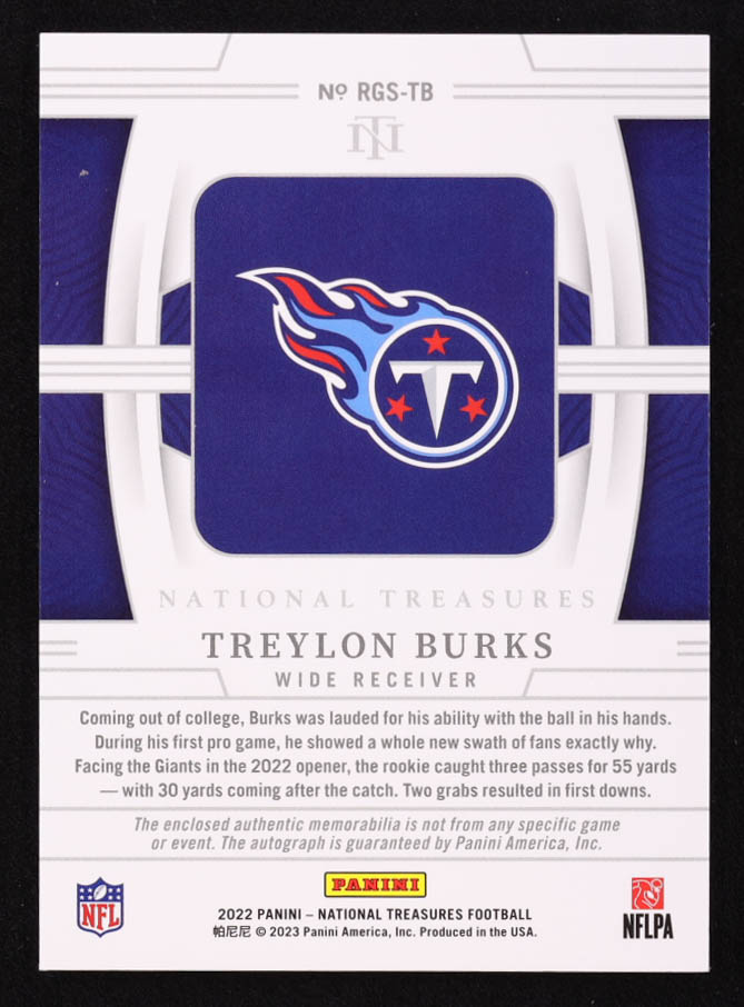 Treylon Burks 2022 Panini National Treasures Rookie NFL Gear Signature Combos #14 #14/49 at PristineAuction.com Treylon Burks 2022 Panini National Treasures Rookie NFL Gear Signature Combos #14 #14/49 at PristineAuction.com
