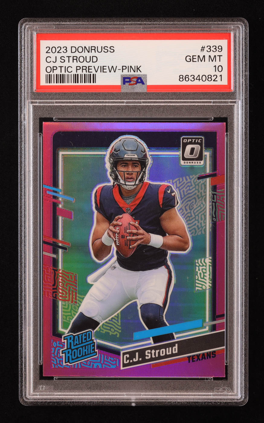 CJ Stroud 2023 Donruss Optic Rated Rookies Preview Pink #339 RC (PSA 10) at PristineAuction.com CJ Stroud 2023 Donruss Optic Rated Rookies Preview Pink #339 RC (PSA 10) at PristineAuction.com