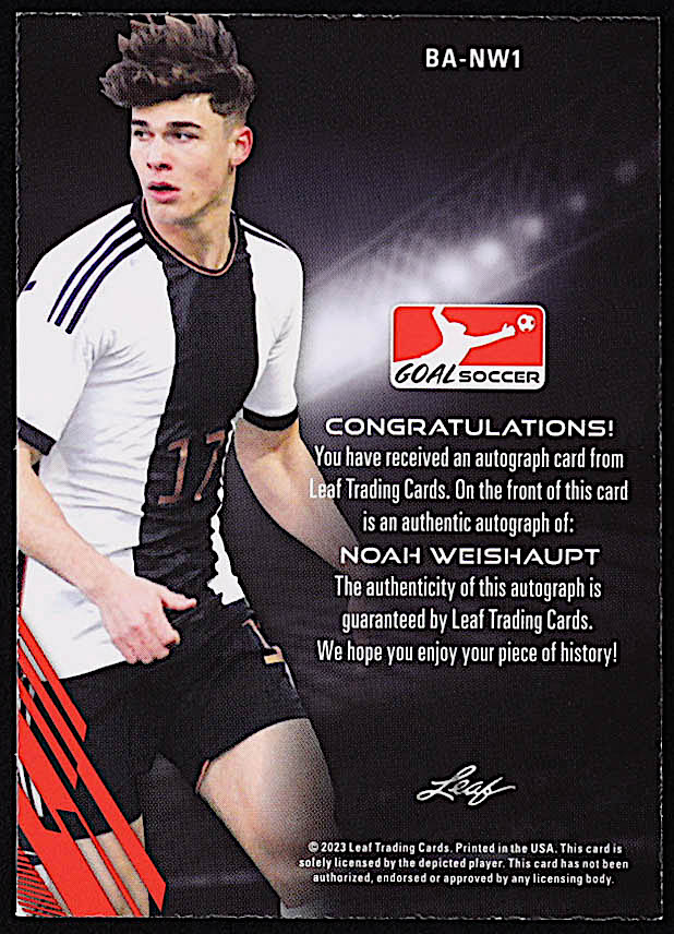Noah Weishaupt 2023 Leaf Goal Soccer Autographs #BANW1 at PristineAuction.com Noah Weishaupt 2023 Leaf Goal Soccer Autographs #BANW1 at PristineAuction.com