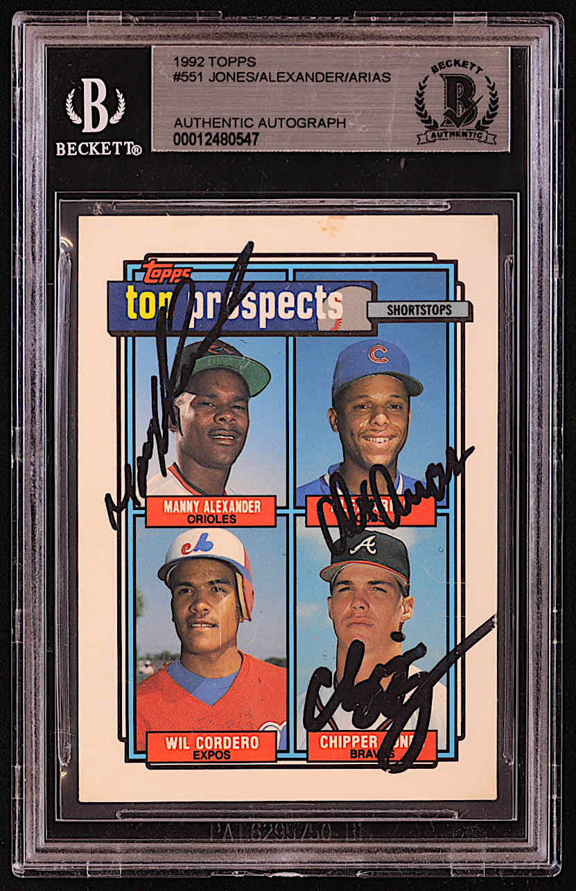 Chipper Jones, Manny Alexander & Alex Arias Signed 1992 Topps #551 Wilfredo Cordero / Chipper Jones / Manny Alexander / Alex Arias (BGS) at PristineAuction.com Chipper Jones, Manny Alexander & Alex Arias Signed 1992 Topps #551 Wilfredo Cordero / Chipper Jones / Manny Alexander / Alex Arias (BGS) at PristineAuction.com