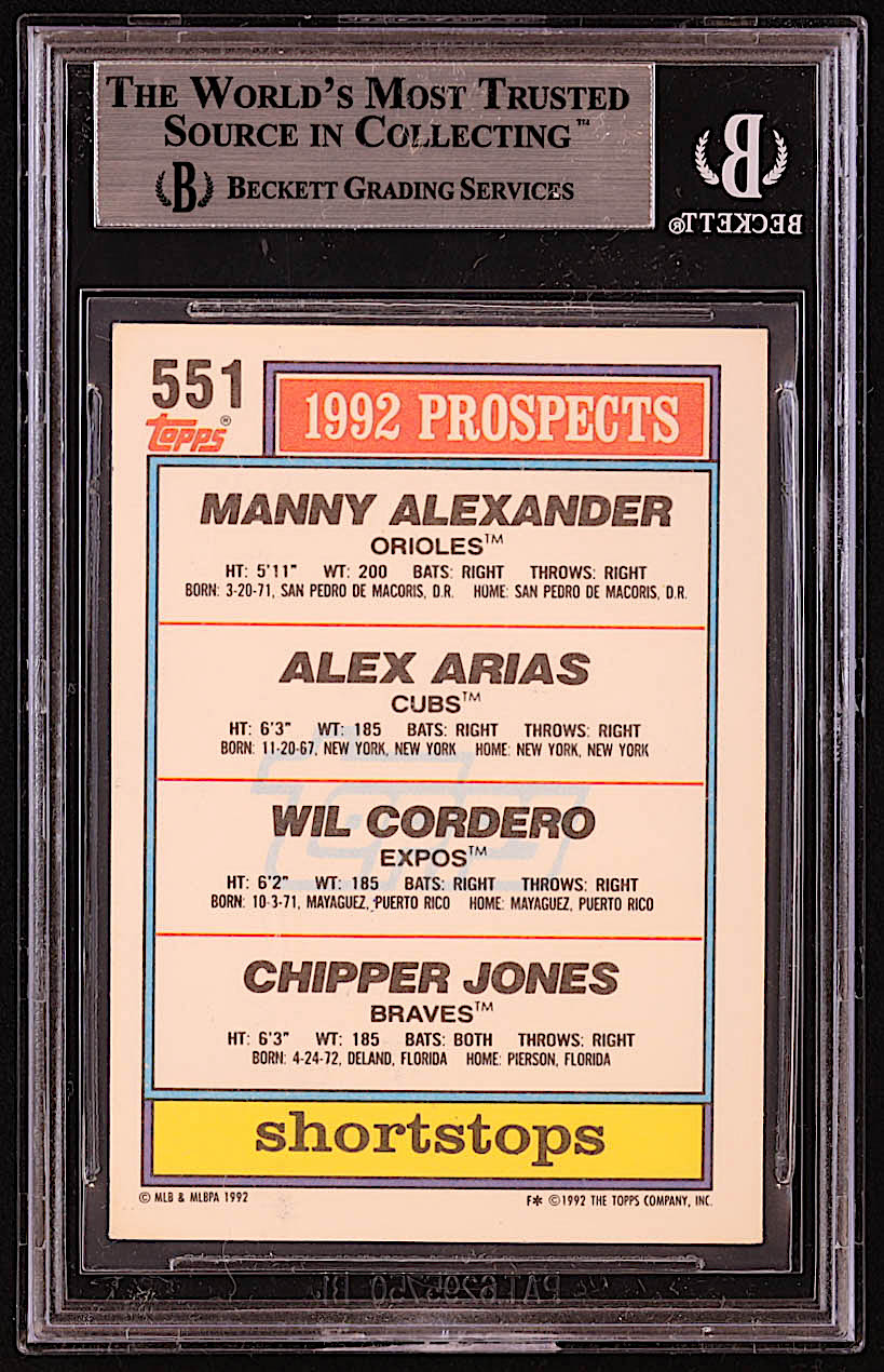 Chipper Jones, Manny Alexander & Alex Arias Signed 1992 Topps #551 Wilfredo Cordero / Chipper Jones / Manny Alexander / Alex Arias (BGS) at PristineAuction.com Chipper Jones, Manny Alexander & Alex Arias Signed 1992 Topps #551 Wilfredo Cordero / Chipper Jones / Manny Alexander / Alex Arias (BGS) at PristineAuction.com
