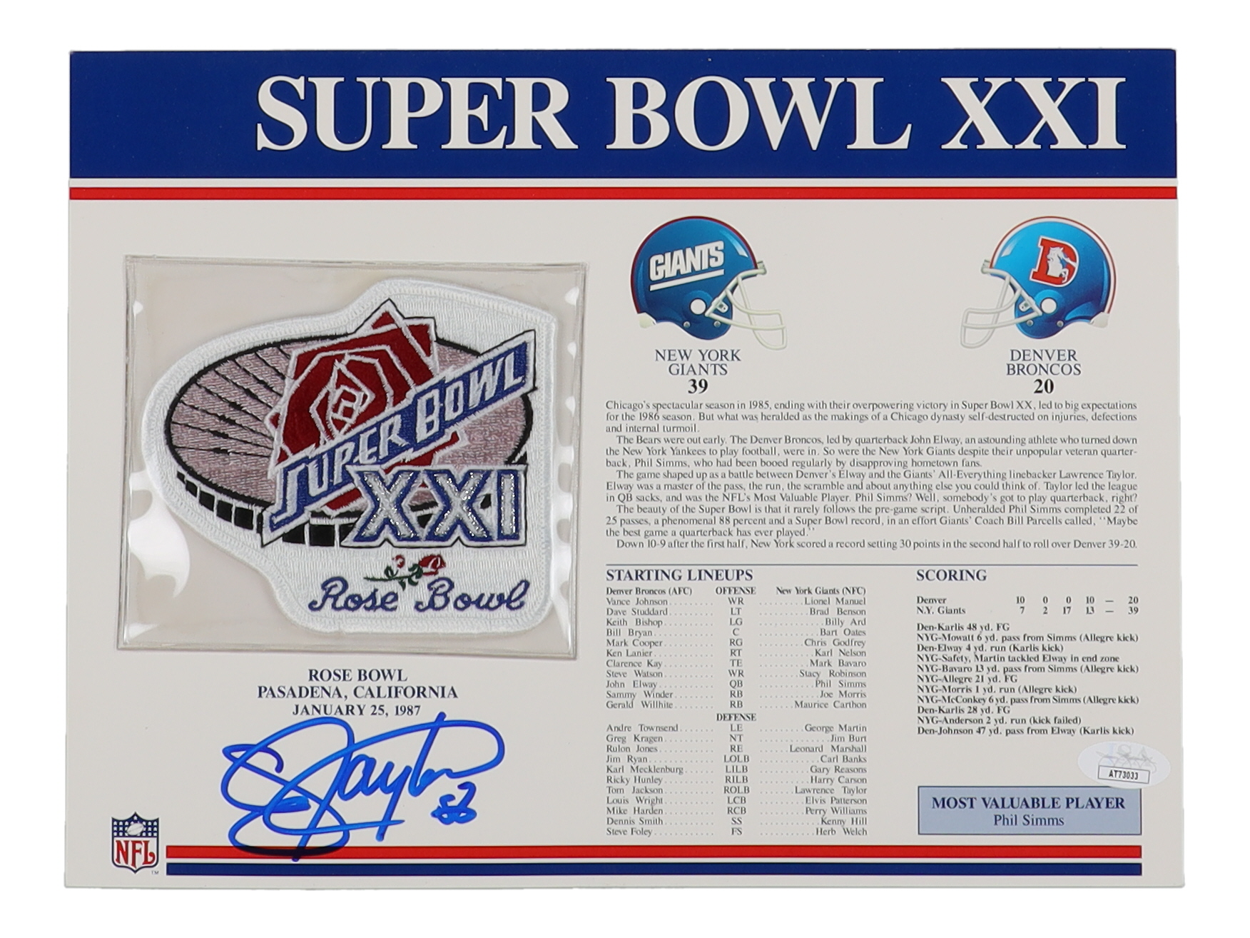Lawrence Taylor Signed Super Bowl XXI 9x12 Stat Card With Cloth Patch (JSA) at PristineAuction.com Lawrence Taylor Signed Super Bowl XXI 9x12 Stat Card With Cloth Patch (JSA) at PristineAuction.com