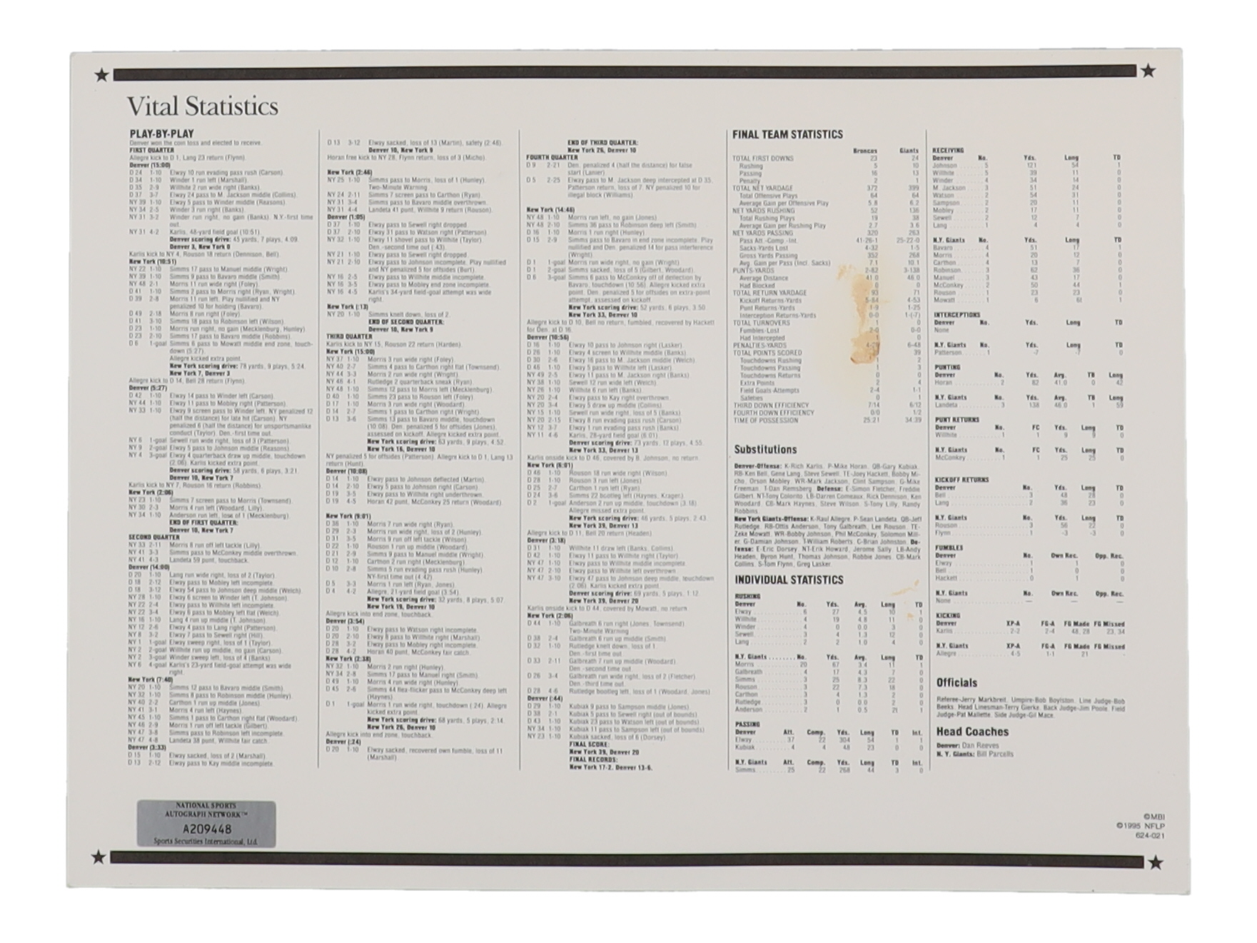 Lawrence Taylor Signed Super Bowl XXI 9x12 Stat Card With Cloth Patch (JSA) at PristineAuction.com Lawrence Taylor Signed Super Bowl XXI 9x12 Stat Card With Cloth Patch (JSA) at PristineAuction.com