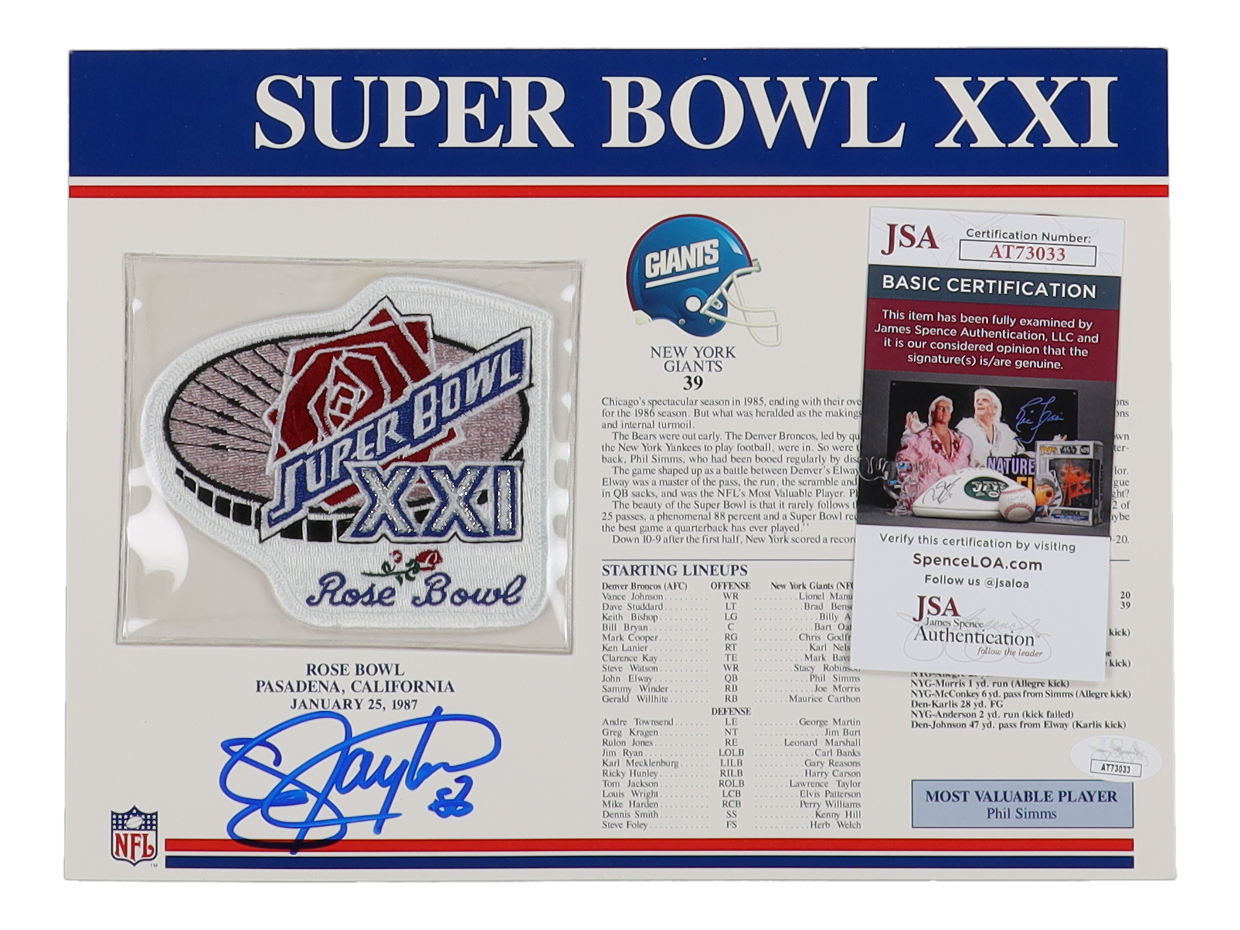 Lawrence Taylor Signed Super Bowl XXI 9x12 Stat Card With Cloth Patch (JSA) at PristineAuction.com Lawrence Taylor Signed Super Bowl XXI 9x12 Stat Card With Cloth Patch (JSA) at PristineAuction.com