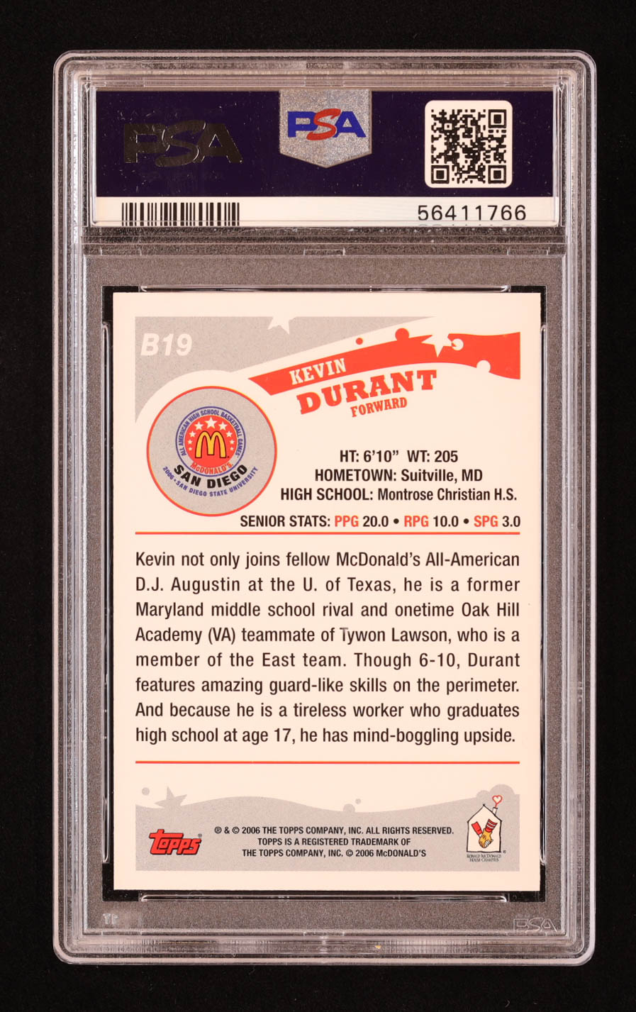 Kevin Durant 2006 Topps McDonald's All-American #B19 RC (PSA 9) at PristineAuction.com Kevin Durant 2006 Topps McDonald's All-American #B19 RC (PSA 9) at PristineAuction.com