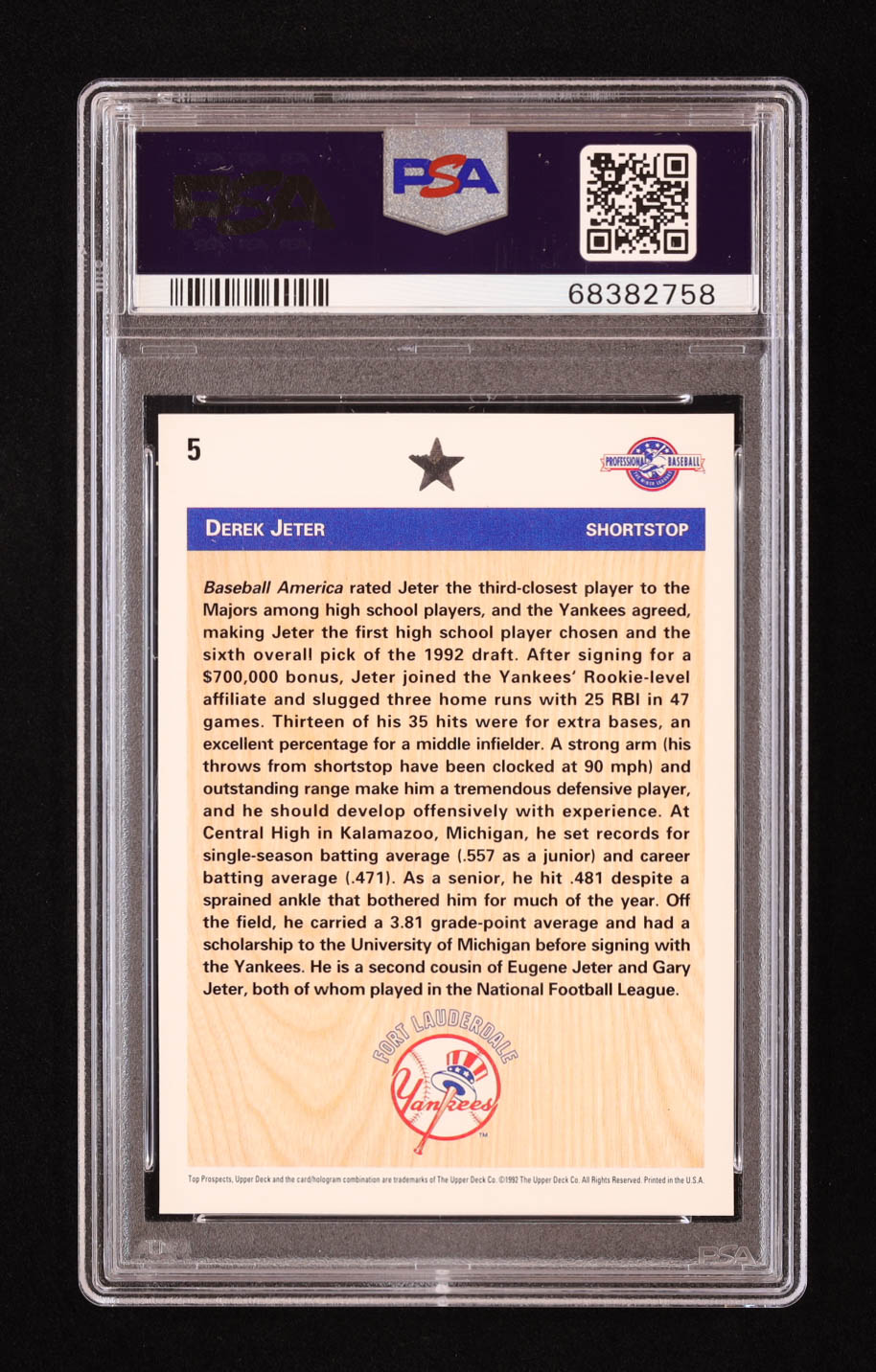 Derek Jeter 1992 Upper Deck Minors #5 FDP RC (PSA 9) at PristineAuction.com Derek Jeter 1992 Upper Deck Minors #5 FDP RC (PSA 9) at PristineAuction.com