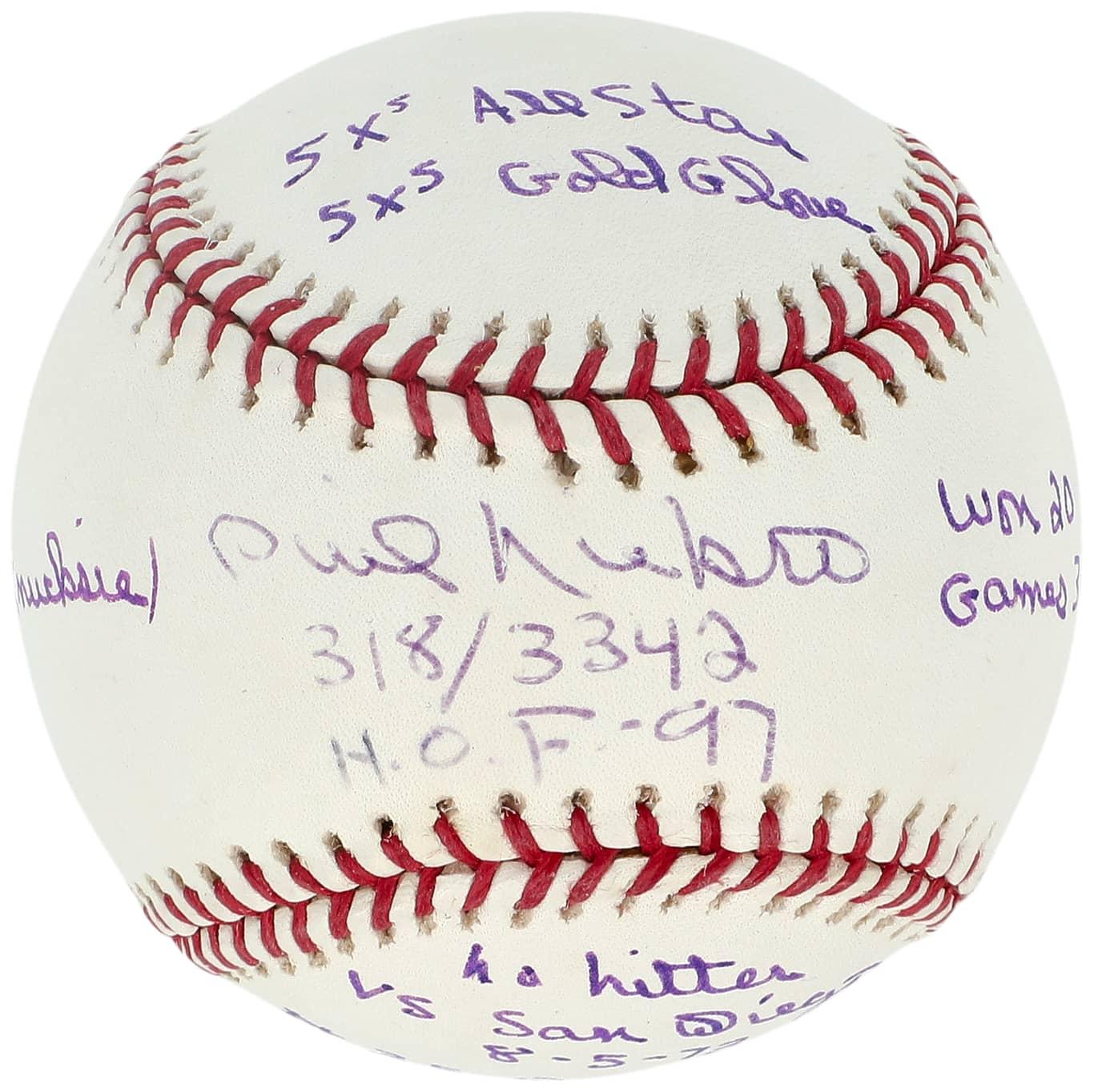 Phil Niekro Signed OML Baseball OML Baseball with (8) Career Stat Inscriptions (JSA) at PristineAuction.com Phil Niekro Signed OML Baseball OML Baseball with (8) Career Stat Inscriptions (JSA) at PristineAuction.com