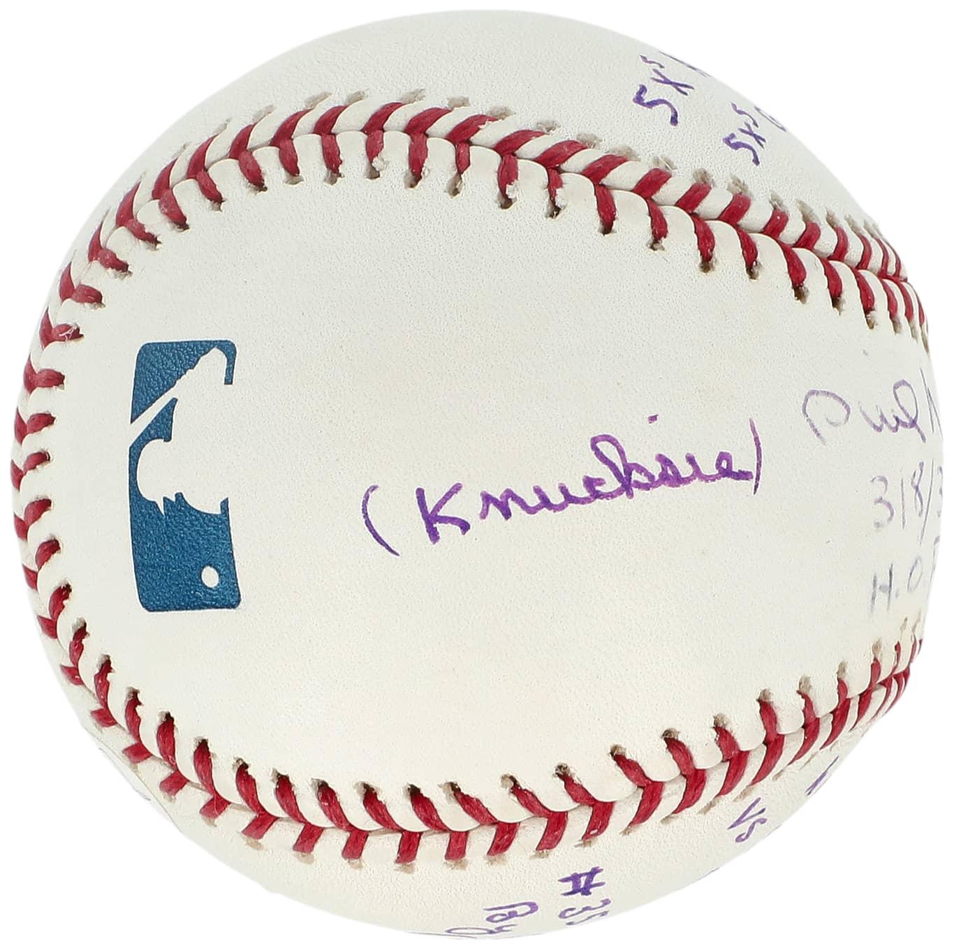 Phil Niekro Signed OML Baseball OML Baseball with (8) Career Stat Inscriptions (JSA) at PristineAuction.com Phil Niekro Signed OML Baseball OML Baseball with (8) Career Stat Inscriptions (JSA) at PristineAuction.com