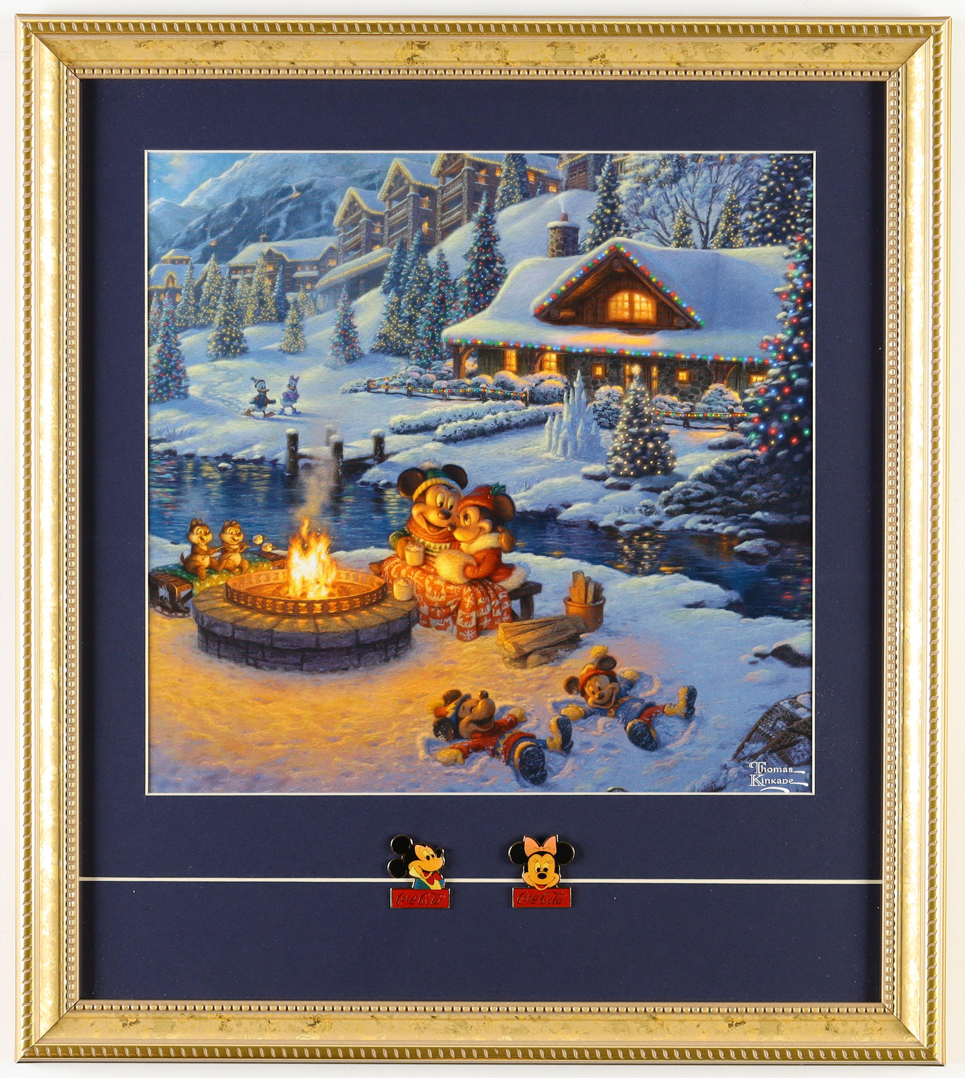 Thomas Kinkade "Mickey and Minnie Mouse by the Campfire" Custom Framed Print with Set of (2) Coca-Cola Mickey & Minnie Mouse Pins at PristineAuction.com Thomas Kinkade "Mickey and Minnie Mouse by the Campfire" Custom Framed Print with Set of (2) Coca-Cola Mickey & Minnie Mouse Pins at PristineAuction.com