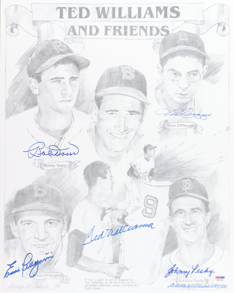 "Ted Williams and Friends" 16x20 LE Poster Signed By (6) With Ted Williams, Bobby Doerr, Dom DiMaggio, Johnny Pesky (PSA) at PristineAuction.com "Ted Williams and Friends" 16x20 LE Poster Signed By (6) With Ted Williams, Bobby Doerr, Dom DiMaggio, Johnny Pesky (PSA) at PristineAuction.com