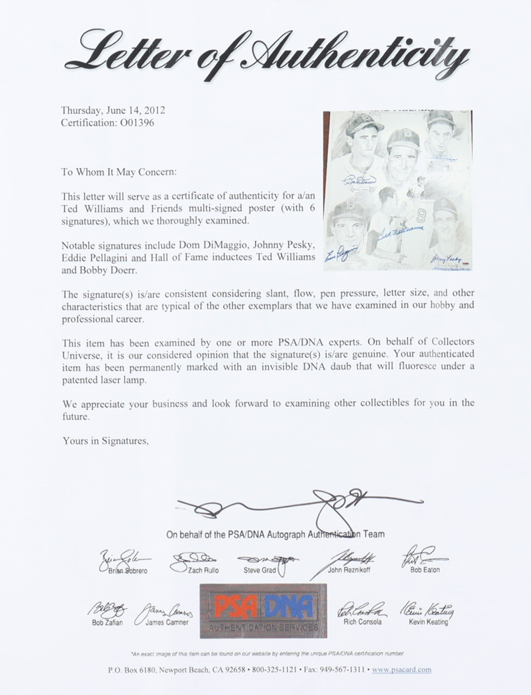 "Ted Williams and Friends" 16x20 LE Poster Signed By (6) With Ted Williams, Bobby Doerr, Dom DiMaggio, Johnny Pesky (PSA) at PristineAuction.com "Ted Williams and Friends" 16x20 LE Poster Signed By (6) With Ted Williams, Bobby Doerr, Dom DiMaggio, Johnny Pesky (PSA) at PristineAuction.com