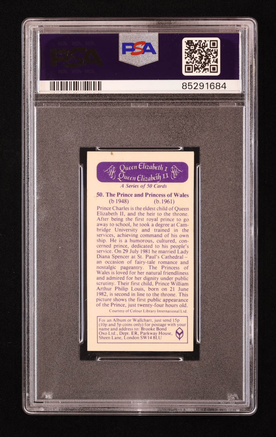The Prince and Princess of Wales 1982 Brooke Bond Queen Elizabeth I and II #50 (PSA 5) at PristineAuction.com The Prince and Princess of Wales 1982 Brooke Bond Queen Elizabeth I and II #50 (PSA 5) at PristineAuction.com