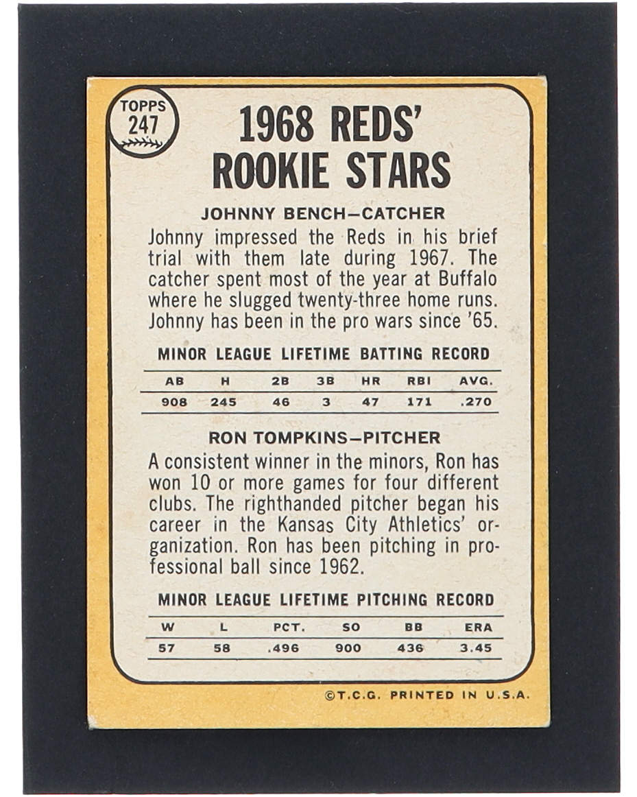 Johnny Bench / Ron Tompkins 1968 Topps #247A Rookie Stars RC at PristineAuction.com Johnny Bench / Ron Tompkins 1968 Topps #247A Rookie Stars RC at PristineAuction.com