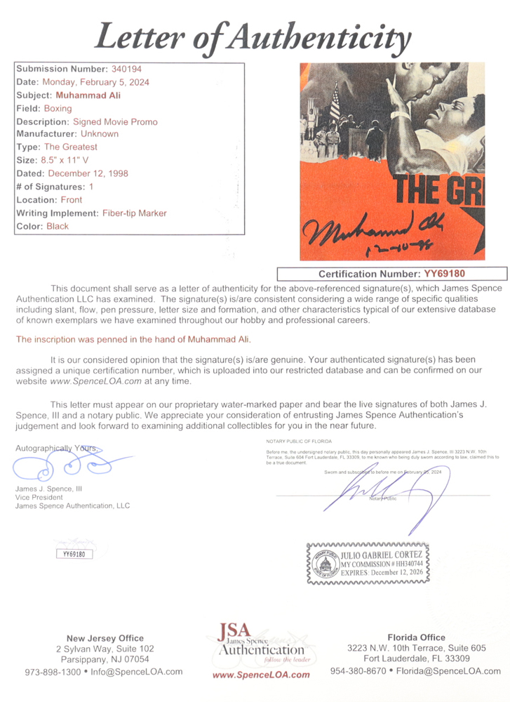 Muhammad Ali Signed 1977 "The Greatest" 8x11 Original Cast & Crew Screening Program Inscribed "12-10-88" (JSA) at PristineAuction.com Muhammad Ali Signed 1977 "The Greatest" 8x11 Original Cast & Crew Screening Program Inscribed "12-10-88" (JSA) at PristineAuction.com
