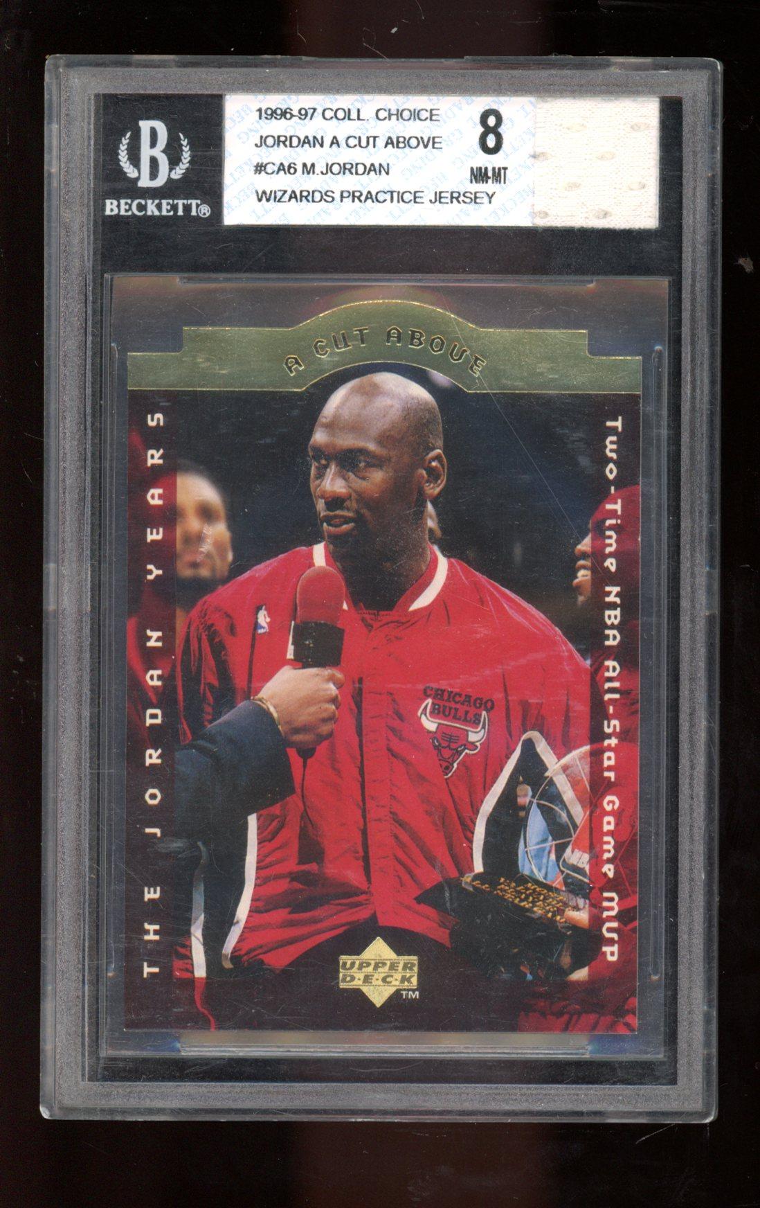 Michael Jordan 1996-97 Collector's Choice Jordan A Cut Above #CA6 with Practice Jersey Piece (BGS 8) at PristineAuction.com Michael Jordan 1996-97 Collector's Choice Jordan A Cut Above #CA6 with Practice Jersey Piece (BGS 8) at PristineAuction.com