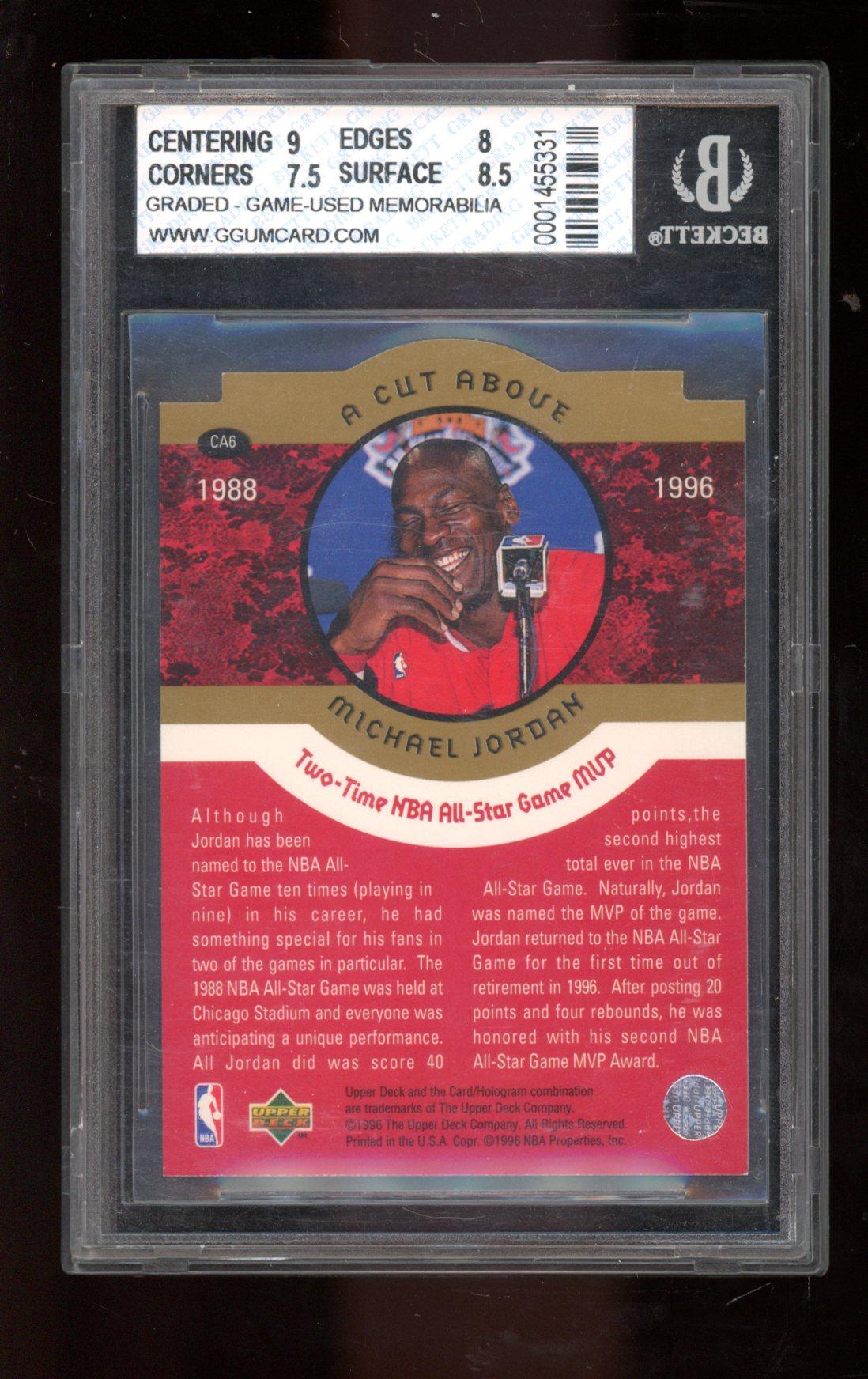 Michael Jordan 1996-97 Collector's Choice Jordan A Cut Above #CA6 with Practice Jersey Piece (BGS 8) at PristineAuction.com Michael Jordan 1996-97 Collector's Choice Jordan A Cut Above #CA6 with Practice Jersey Piece (BGS 8) at PristineAuction.com