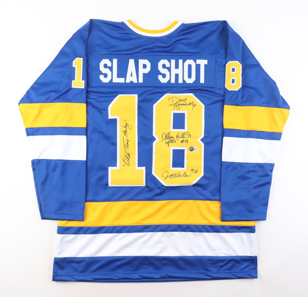 Dave Hanson, Allan Nicholls, & Jeff Carlson Signed Jersey Inscribed "Old Time Hockey" & "Upton" (Beckett) at PristineAuction.com Dave Hanson, Allan Nicholls, & Jeff Carlson Signed Jersey Inscribed "Old Time Hockey" & "Upton" (Beckett) at PristineAuction.com