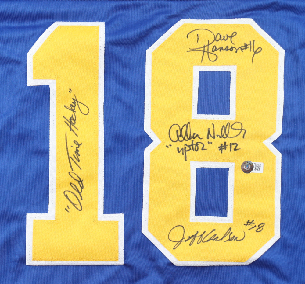 Dave Hanson, Allan Nicholls, & Jeff Carlson Signed Jersey Inscribed "Old Time Hockey" & "Upton" (Beckett) at PristineAuction.com Dave Hanson, Allan Nicholls, & Jeff Carlson Signed Jersey Inscribed "Old Time Hockey" & "Upton" (Beckett) at PristineAuction.com