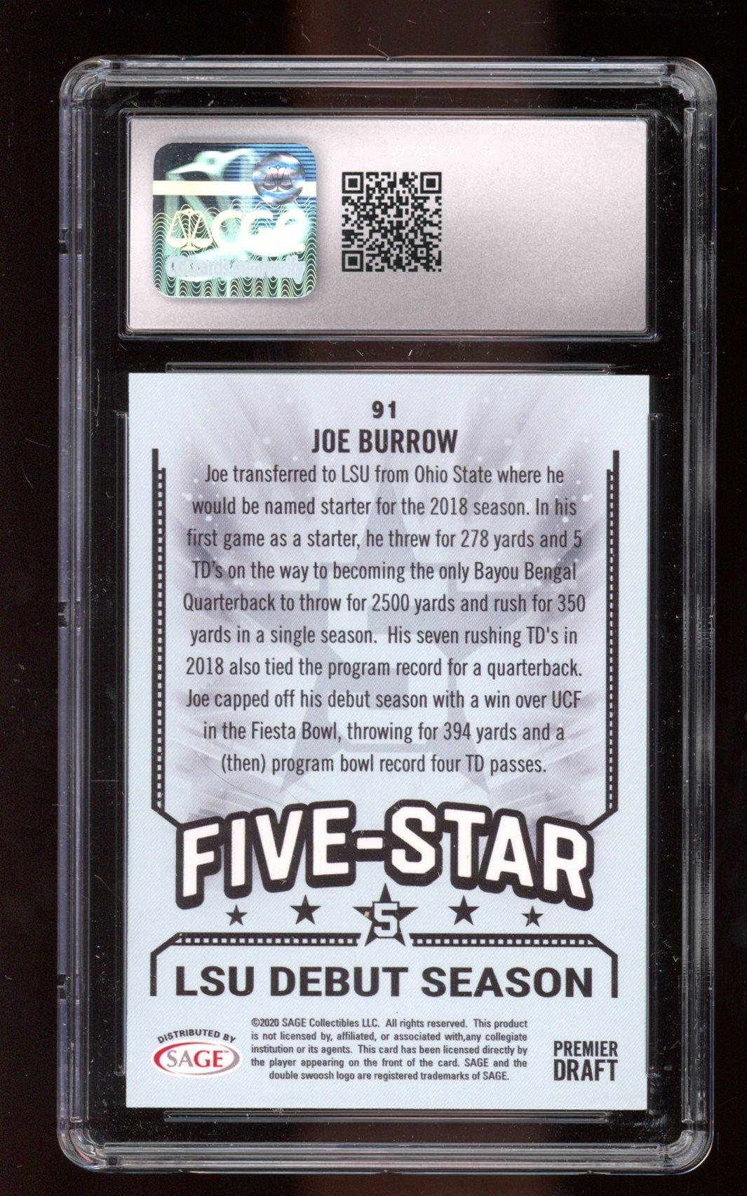 Joe Burrow 2020 Sage HIT Premier Draft Purple #91 (CGC 9.5) at PristineAuction.com Joe Burrow 2020 Sage HIT Premier Draft Purple #91 (CGC 9.5) at PristineAuction.com