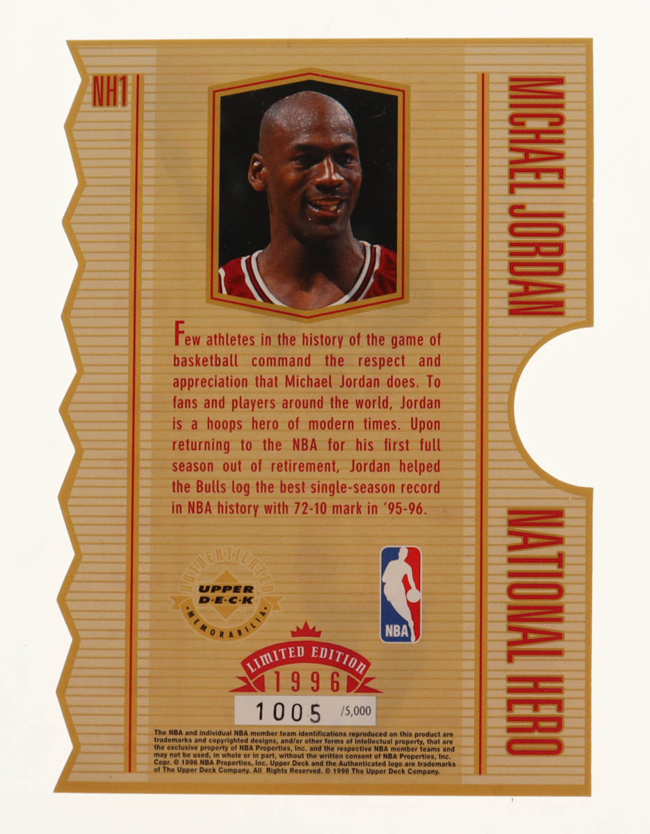 Michael Jordan 1995-98 UDA Michael Jordan Commemorative Cards #NH1 1996 National Hero #1005/5000 at PristineAuction.com Michael Jordan 1995-98 UDA Michael Jordan Commemorative Cards #NH1 1996 National Hero #1005/5000 at PristineAuction.com
