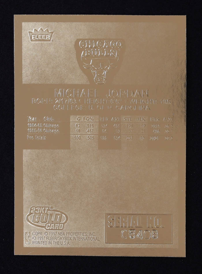 Michael Jordan 1997 Fleer Premier Signature Series 23Kt Gold Card #5408 at PristineAuction.com Michael Jordan 1997 Fleer Premier Signature Series 23Kt Gold Card #5408 at PristineAuction.com