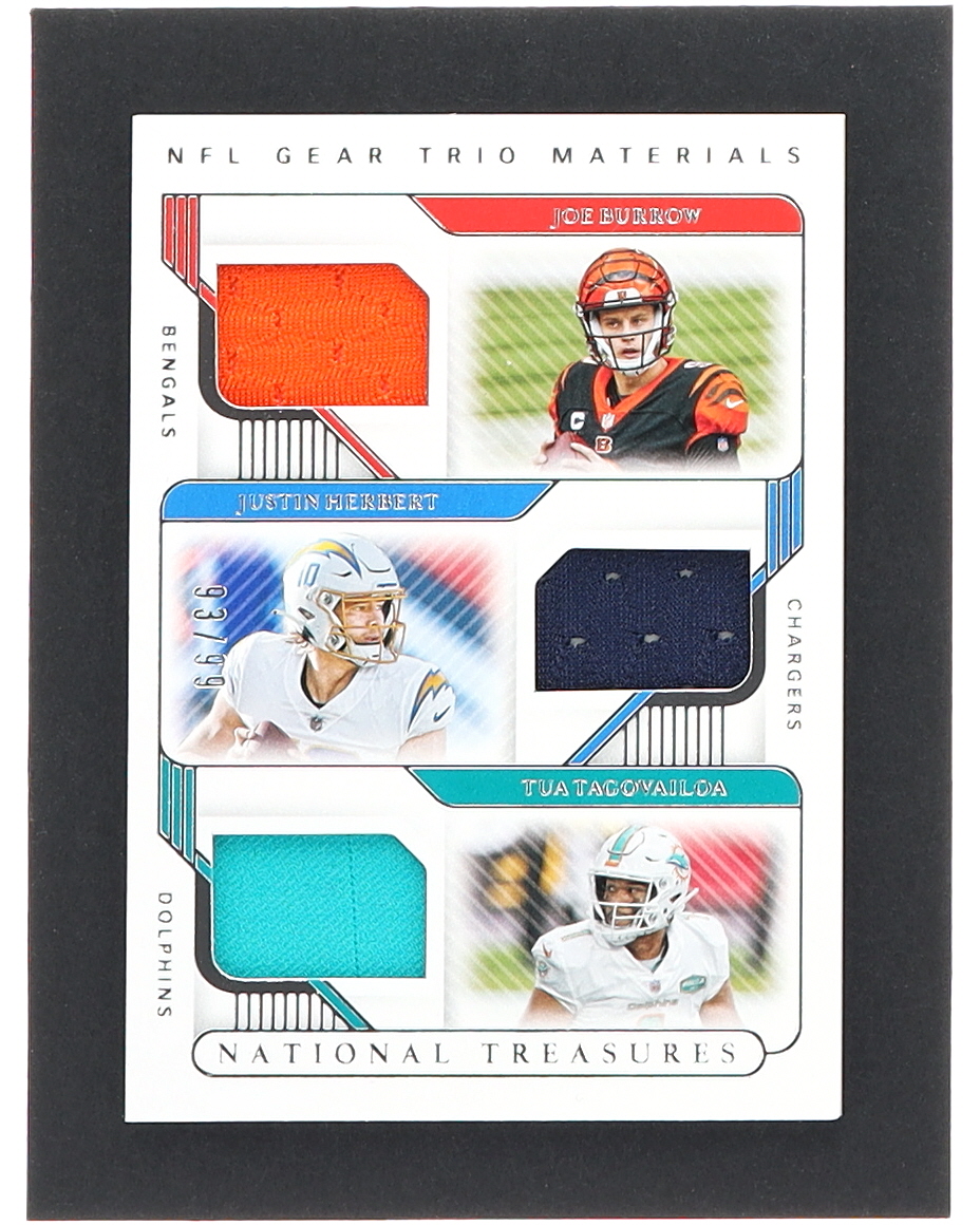 Joe Burrow / Justin Herbert / Tua Tagovailoa 2020 Panini National Treasures NFL Gear Trio Materials #20 RC #93/99 at PristineAuction.com Joe Burrow / Justin Herbert / Tua Tagovailoa 2020 Panini National Treasures NFL Gear Trio Materials #20 RC #93/99 at PristineAuction.com