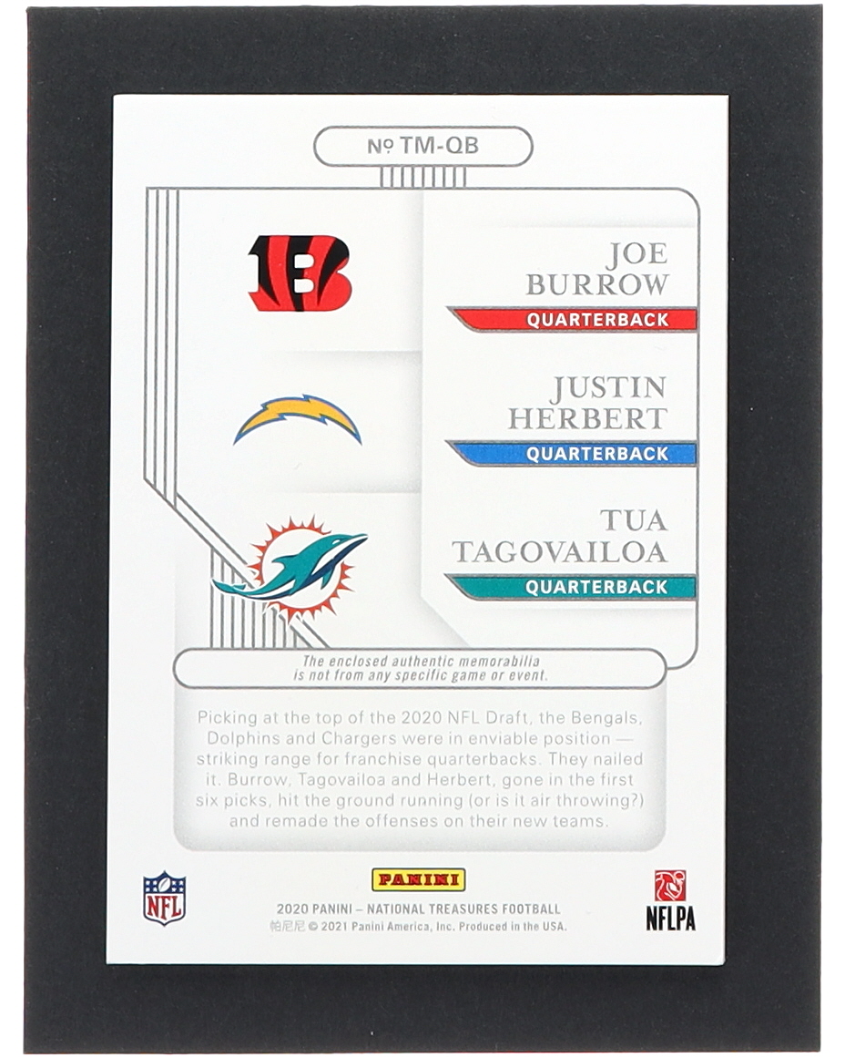 Joe Burrow / Justin Herbert / Tua Tagovailoa 2020 Panini National Treasures NFL Gear Trio Materials #20 RC #93/99 at PristineAuction.com Joe Burrow / Justin Herbert / Tua Tagovailoa 2020 Panini National Treasures NFL Gear Trio Materials #20 RC #93/99 at PristineAuction.com