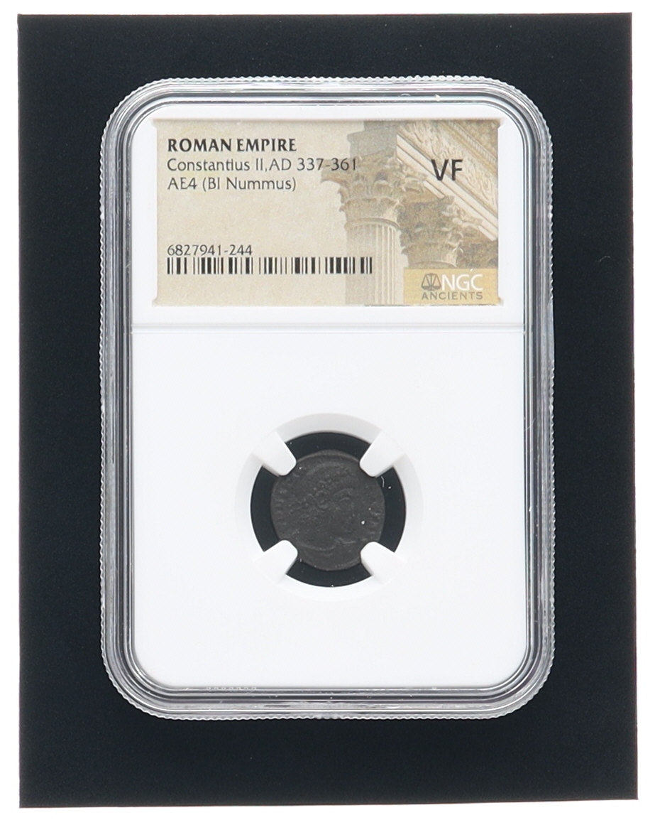 Roman Empire - Constantius II AD 337-361, AE4 (BI Nummus) (NGC VERY FINE) at PristineAuction.com Roman Empire - Constantius II AD 337-361, AE4 (BI Nummus) (NGC VERY FINE) at PristineAuction.com