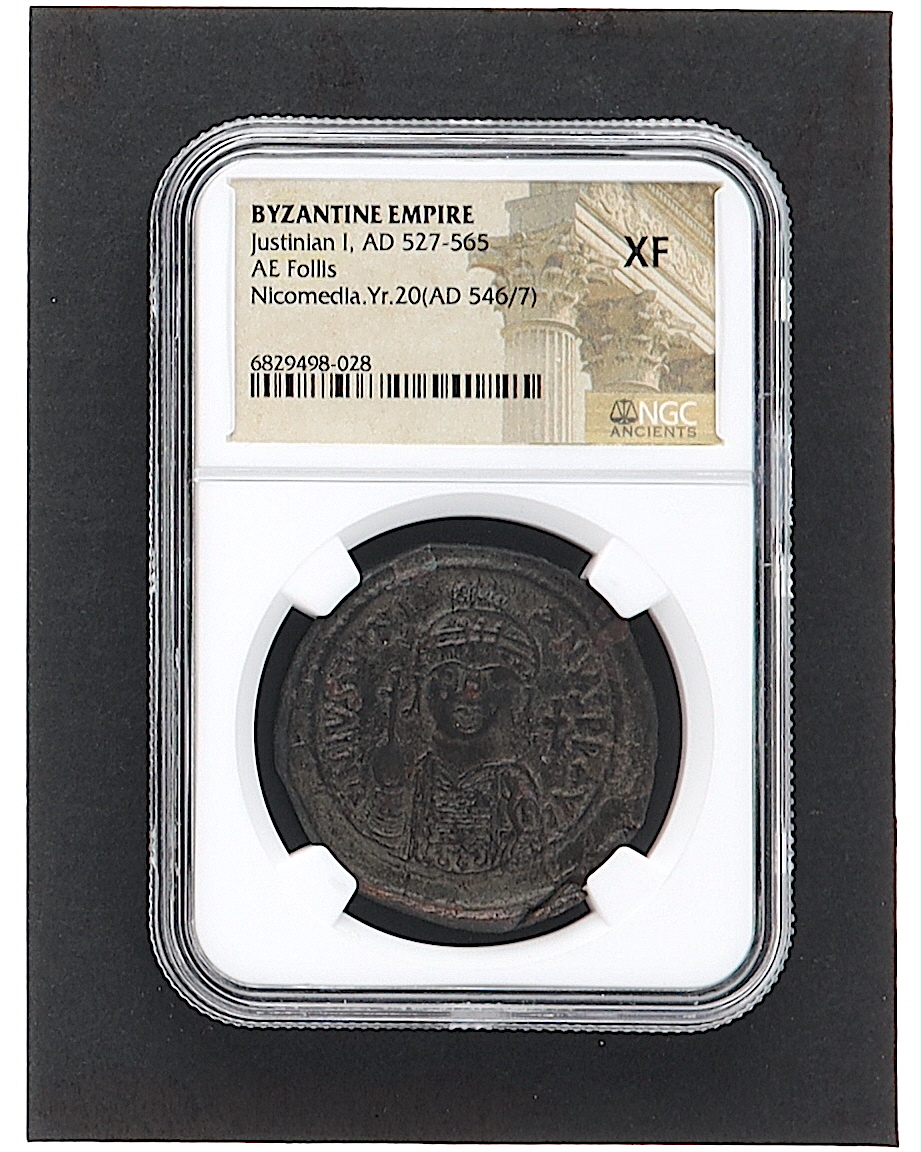 Byzantine Empire Ancient Coin - Justinian I, AD 527-565 - AE Follis Nicomedia Yr. 20 AD 546/7 (NGC XF) at PristineAuction.com Byzantine Empire Ancient Coin - Justinian I, AD 527-565 - AE Follis Nicomedia Yr. 20 AD 546/7 (NGC XF) at PristineAuction.com