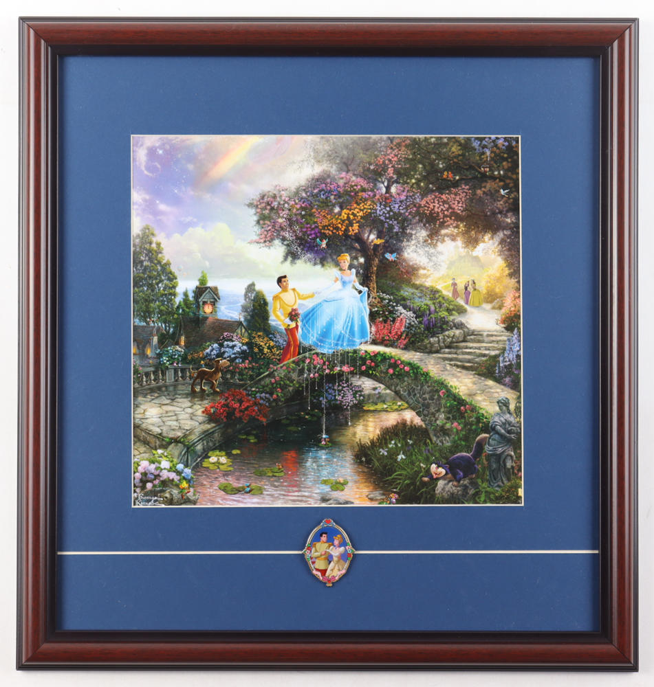 Thomas Kinkade "Cinderella" Custom Framed Print Display with Cinderella & Prince Charming Pin at PristineAuction.com Thomas Kinkade "Cinderella" Custom Framed Print Display with Cinderella & Prince Charming Pin at PristineAuction.com