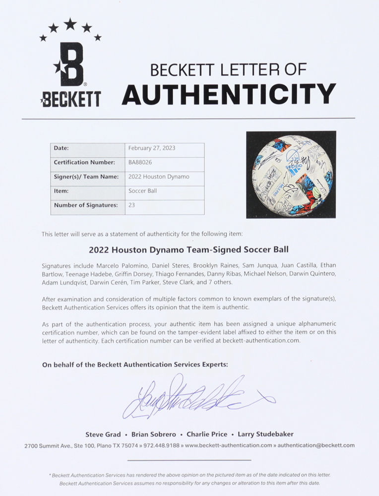 2022 Dynamo Game-Used Adidas Soccer Ball Team-Signed by (23) with Marcelo Palomino, Daniel Steres, Adam Lundqvist, Sam Junqua (Beckett & Fanatics) at PristineAuction.com 2022 Dynamo Game-Used Adidas Soccer Ball Team-Signed by (23) with Marcelo Palomino, Daniel Steres, Adam Lundqvist, Sam Junqua (Beckett & Fanatics) at PristineAuction.com