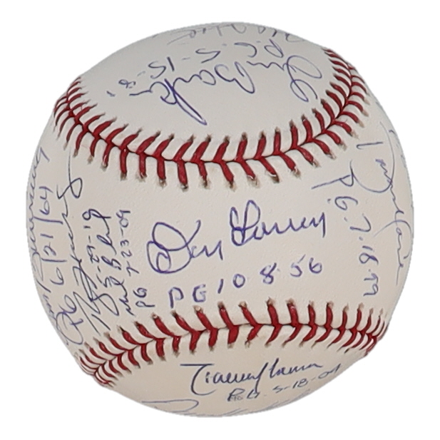 Perfect Game Pitchers LE OML Baseball Signed By (17) With Randy Johnson, Sandy Koufax, Roy Halladay, Don Larsen With Perfect Game Date Inscriptions (PSA) at PristineAuction.com Perfect Game Pitchers LE OML Baseball Signed By (17) With Randy Johnson, Sandy Koufax, Roy Halladay, Don Larsen With Perfect Game Date Inscriptions (PSA) at PristineAuction.com