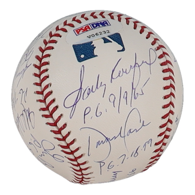 Perfect Game Pitchers LE OML Baseball Signed By (17) With Randy Johnson, Sandy Koufax, Roy Halladay, Don Larsen With Perfect Game Date Inscriptions (PSA) at PristineAuction.com Perfect Game Pitchers LE OML Baseball Signed By (17) With Randy Johnson, Sandy Koufax, Roy Halladay, Don Larsen With Perfect Game Date Inscriptions (PSA) at PristineAuction.com