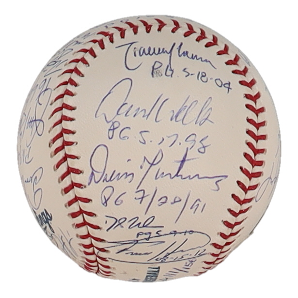 Perfect Game Pitchers LE OML Baseball Signed By (17) With Randy Johnson, Sandy Koufax, Roy Halladay, Don Larsen With Perfect Game Date Inscriptions (PSA) at PristineAuction.com Perfect Game Pitchers LE OML Baseball Signed By (17) With Randy Johnson, Sandy Koufax, Roy Halladay, Don Larsen With Perfect Game Date Inscriptions (PSA) at PristineAuction.com