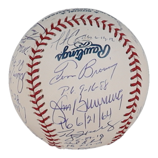 Perfect Game Pitchers LE OML Baseball Signed By (17) With Randy Johnson, Sandy Koufax, Roy Halladay, Don Larsen With Perfect Game Date Inscriptions (PSA) at PristineAuction.com Perfect Game Pitchers LE OML Baseball Signed By (17) With Randy Johnson, Sandy Koufax, Roy Halladay, Don Larsen With Perfect Game Date Inscriptions (PSA) at PristineAuction.com