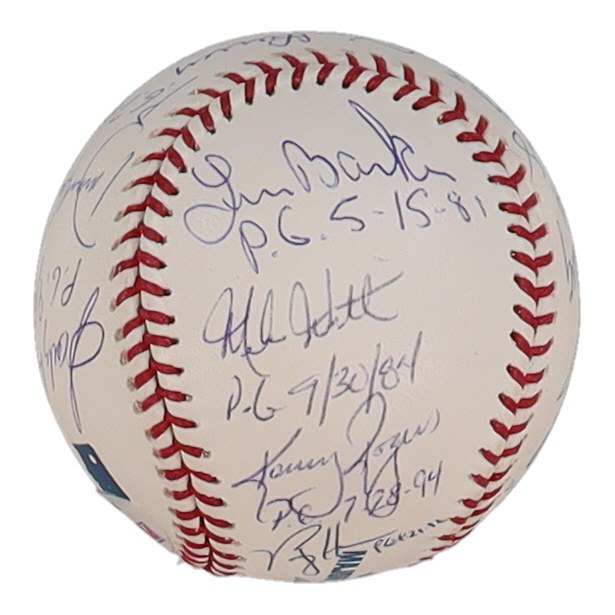 Perfect Game Pitchers LE OML Baseball Signed By (17) With Randy Johnson, Sandy Koufax, Roy Halladay, Don Larsen With Perfect Game Date Inscriptions (PSA) at PristineAuction.com Perfect Game Pitchers LE OML Baseball Signed By (17) With Randy Johnson, Sandy Koufax, Roy Halladay, Don Larsen With Perfect Game Date Inscriptions (PSA) at PristineAuction.com