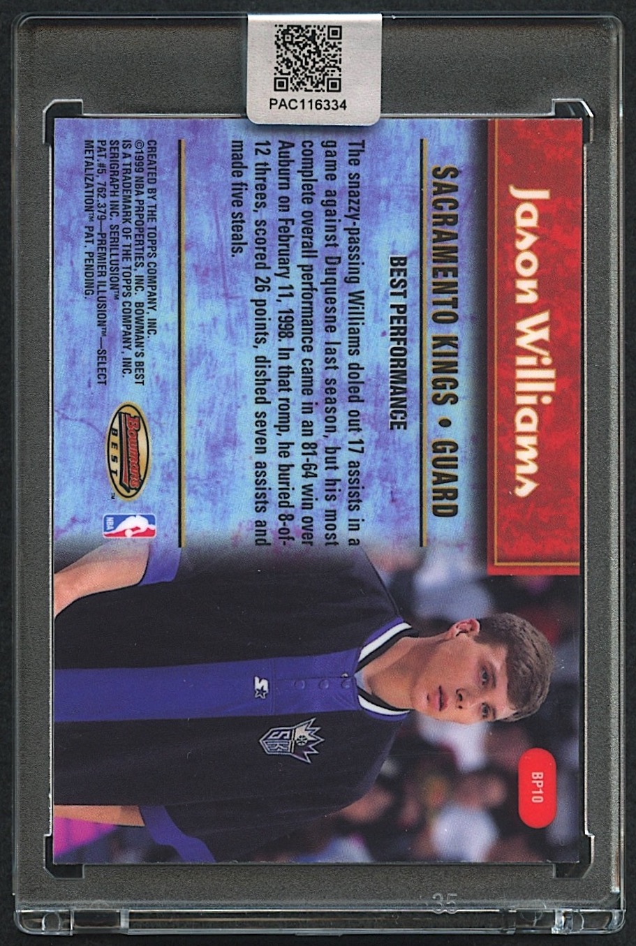 Jason Williams Signed 1998-99 Bowman's Best Performers #BP10 RC (PA Encapsulated) at PristineAuction.com Jason Williams Signed 1998-99 Bowman's Best Performers #BP10 RC (PA Encapsulated) at PristineAuction.com