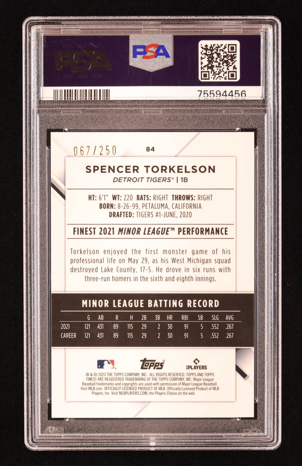 Spencer Torkelson 2022 Finest Blue Aqua Vapor Refractors #84 #067/250 RC (PSA 10) at PristineAuction.com Spencer Torkelson 2022 Finest Blue Aqua Vapor Refractors #84 #067/250 RC (PSA 10) at PristineAuction.com